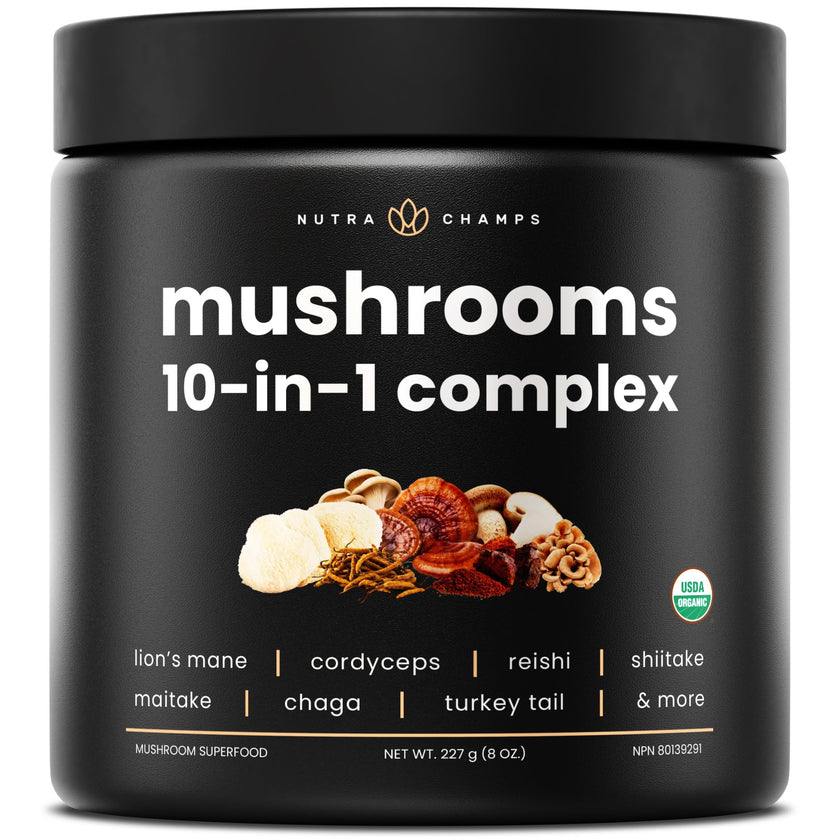 Organic Mushroom Powder - 10-in-1 Complex - Mushroom Supplement Powder Blend for Memory, Focus & Immune Support - Mushroom Blend For Coffee, Water, Smoothies - 8oz 🍁 All In One Marketplace Canada