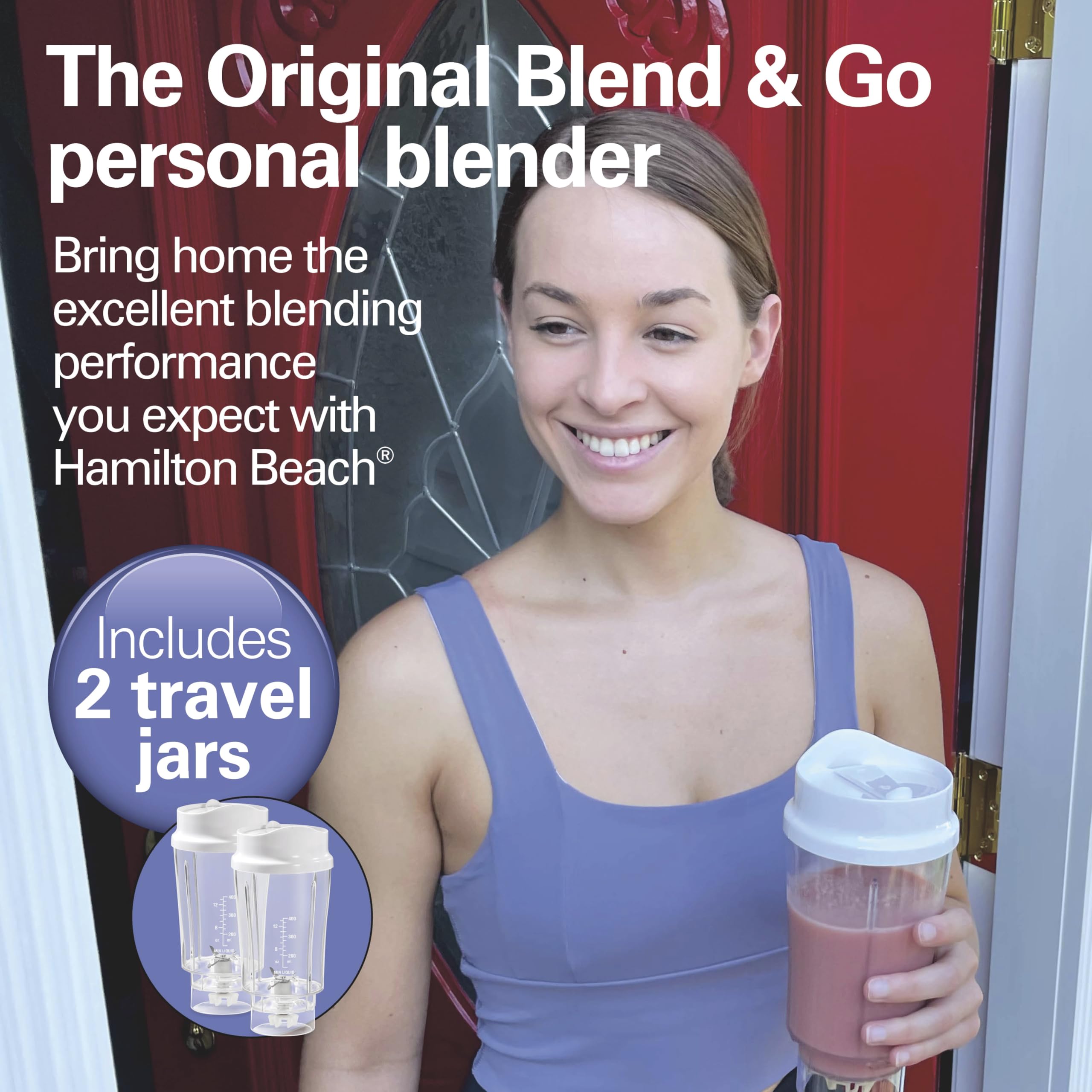 Hamilton Beach Personal Blender for Smoothies & Protein Shakes, Portable Single Serve Blender with 2 Travel Jars & Lids, 14 oz BPA-Free Cups, Stainless Steel Blades, 300W, White, 51102G 🍁 All In One Marketplace Canada
