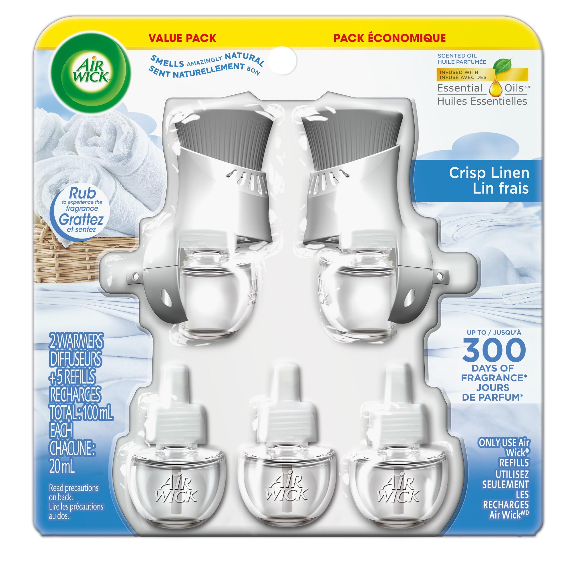 Air Wick Plug In Scented Oil Air Freshener for Home – Infused with Essential Oils, Adjustable Fragrance Control – Crisp Linen Scen – Includes 2 Warmers & 5 Refills 🍁 All In One Marketplace Canada