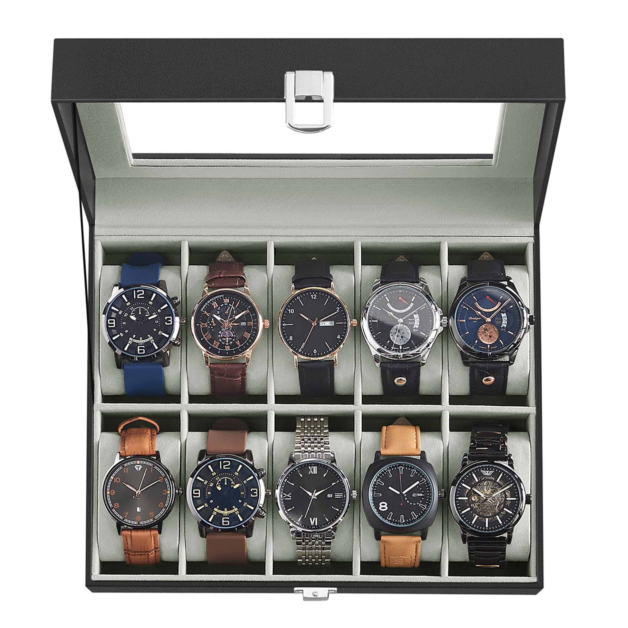 SONGMICS Watch Box, 10-Slot Watch Case Organizer with Large Glass Lid, Removable Pillows, Gift for Loved Ones, Black Synthetic Leather, Gray Lining UJWB010BK 🍁 All In One Marketplace Canada