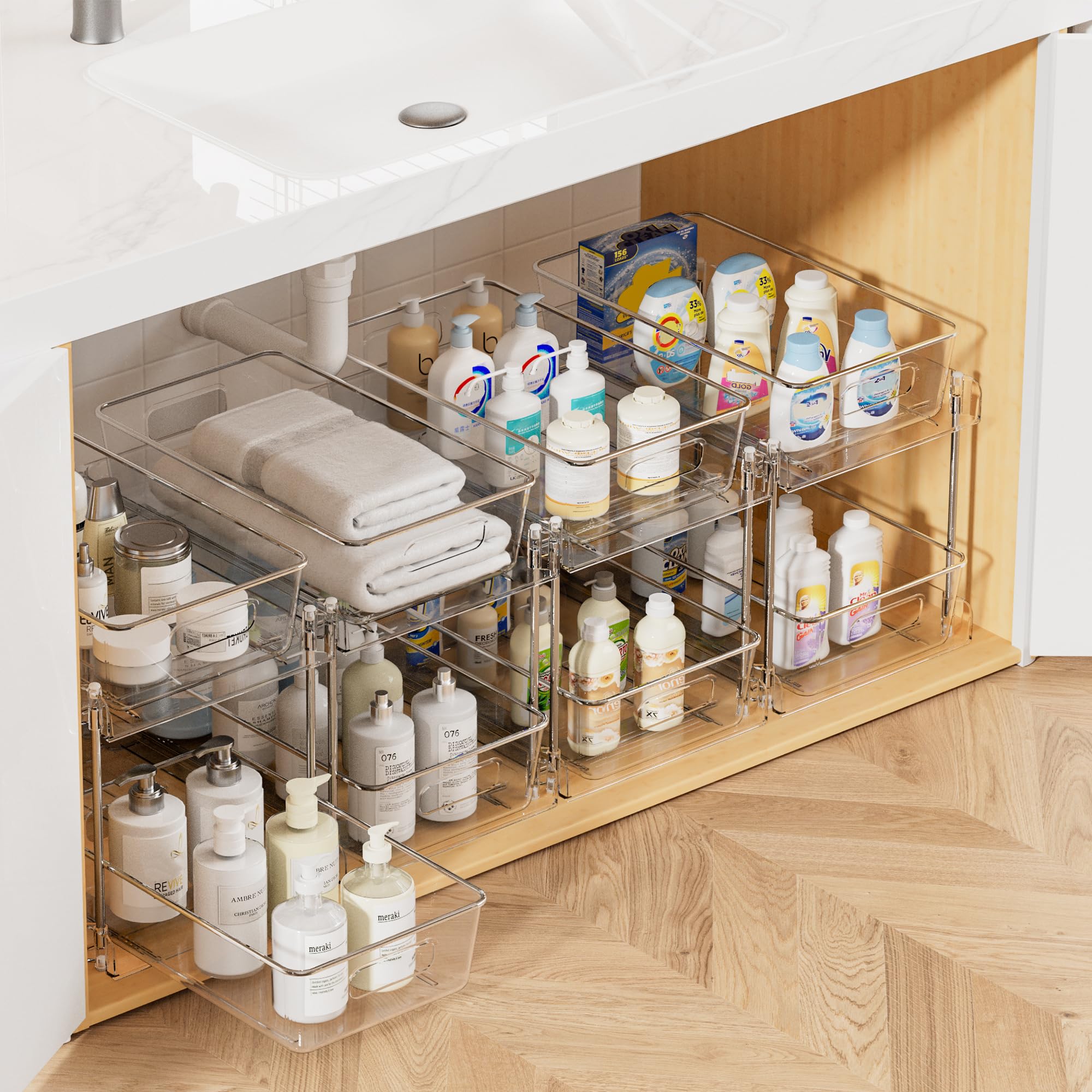 2 Tier Bathroom Storage Organizer, Vtopmart 4 Pack Clear Under Sink Organizers Vanity Counter Storage Container, Medicine Cabinet Drawers Bins, Pull-Out Organization with Track for Pantry, Kitchen 🍁 All In One Marketplace Canada