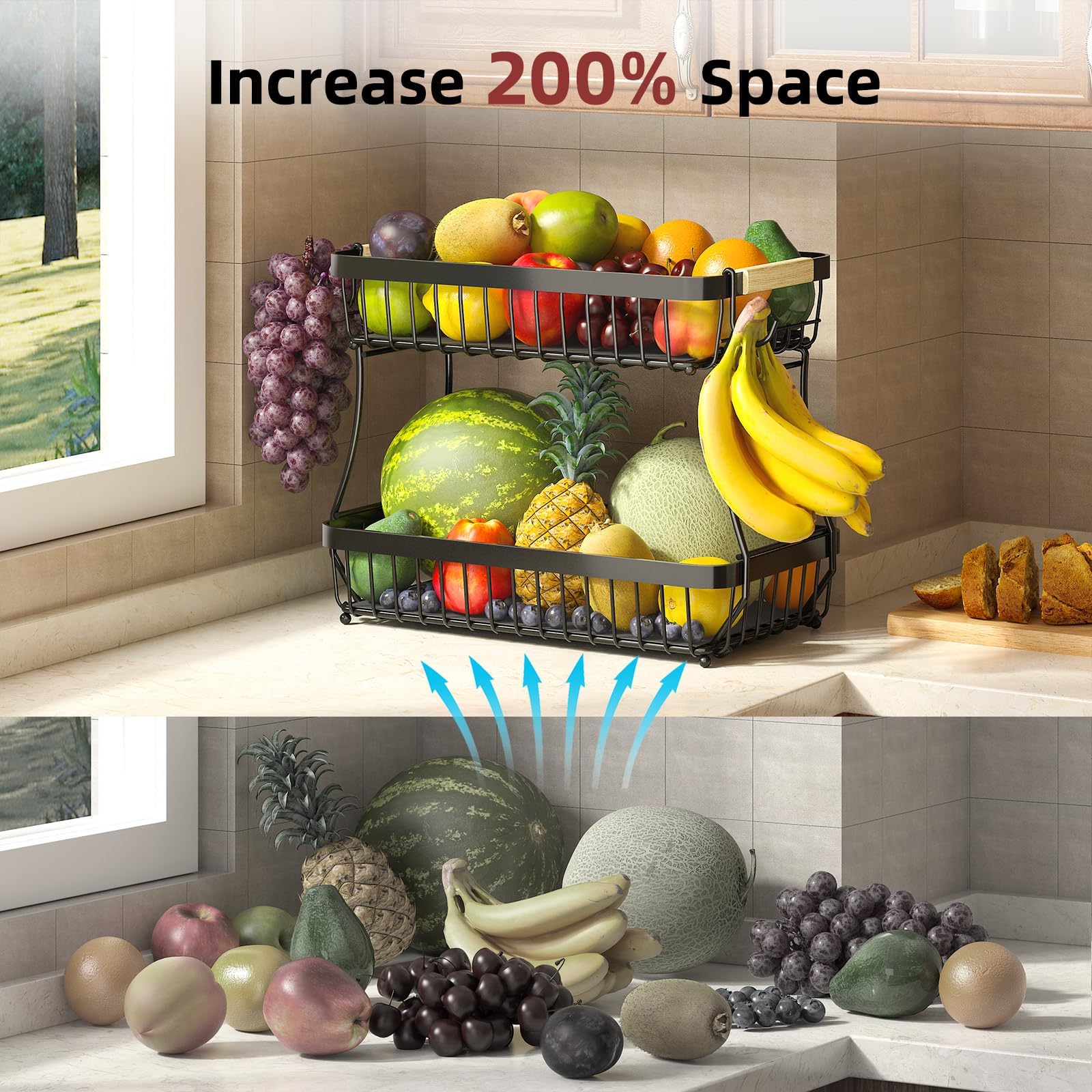 2 Tier Large Fruit Bowl for Kitchen Counter with 2 Banana Holders,2026 Sturdy Metal Fruit Basket with Protective Mats Keeping Fruits Fresh,Kitchen Organizers and Storage for Bread Potato Onion Storage 🍁 All In One Marketplace Canada