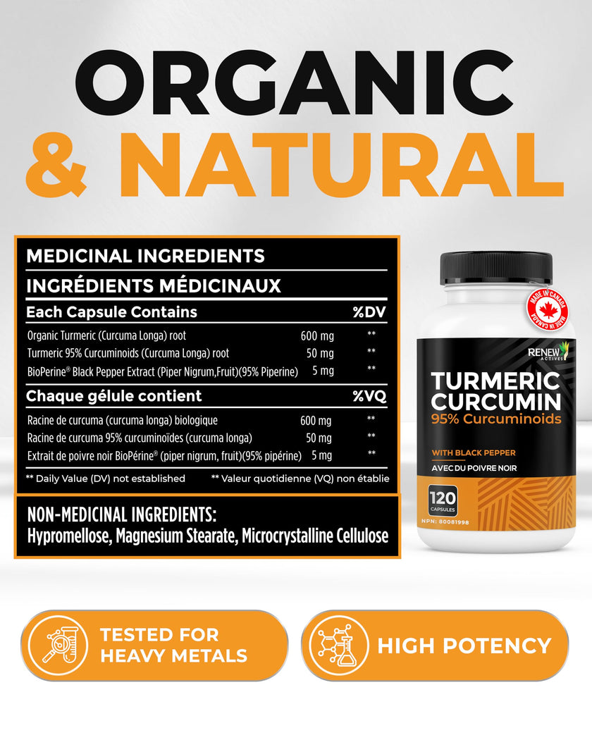 RENEW ACTIVES Turmeric Curcumin – Ultra Potent 95% Curcuminoids with BioPerine Black Pepper for Maximum Absorption – Supports Joint Health, Mobility, Digestion & Liver – Made in Canada – 120 Capsules 🍁 All In One Marketplace Canada