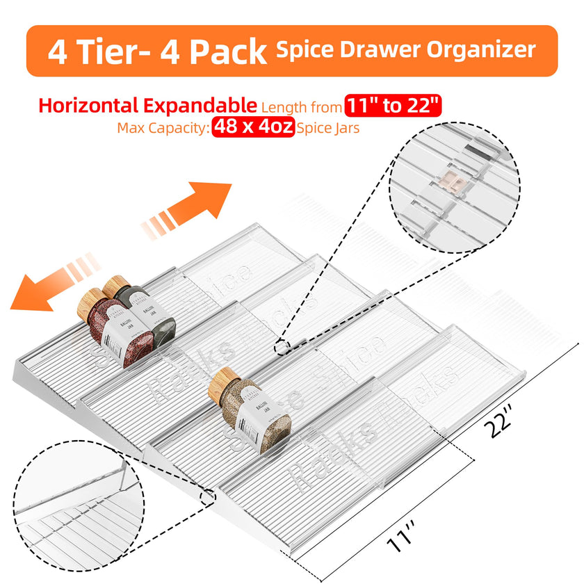 PanPanPal Spice Drawer Organizer, 4 Tier- 4 Pack Clear Acrylic Drawer Seasoning Organizer, Expandable From 11'' to 22'' Kitchen Spice Rack Organizers and Storage for Drawer (Jars not included) 🍁 All In One Marketplace Canada