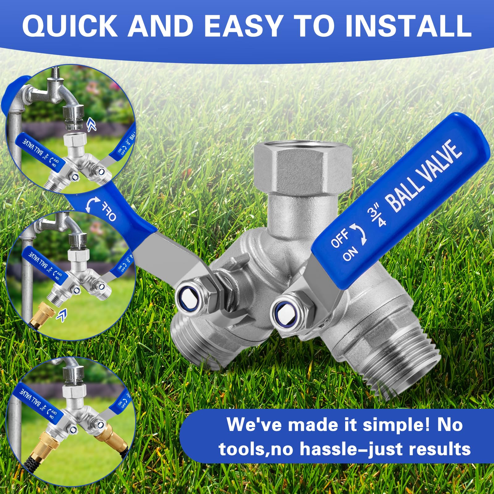 Garden Hose Splitter 2 Way, 304 Stainless Steel Heavy Duty Water Hose Splitter with Long Handle, 3/4