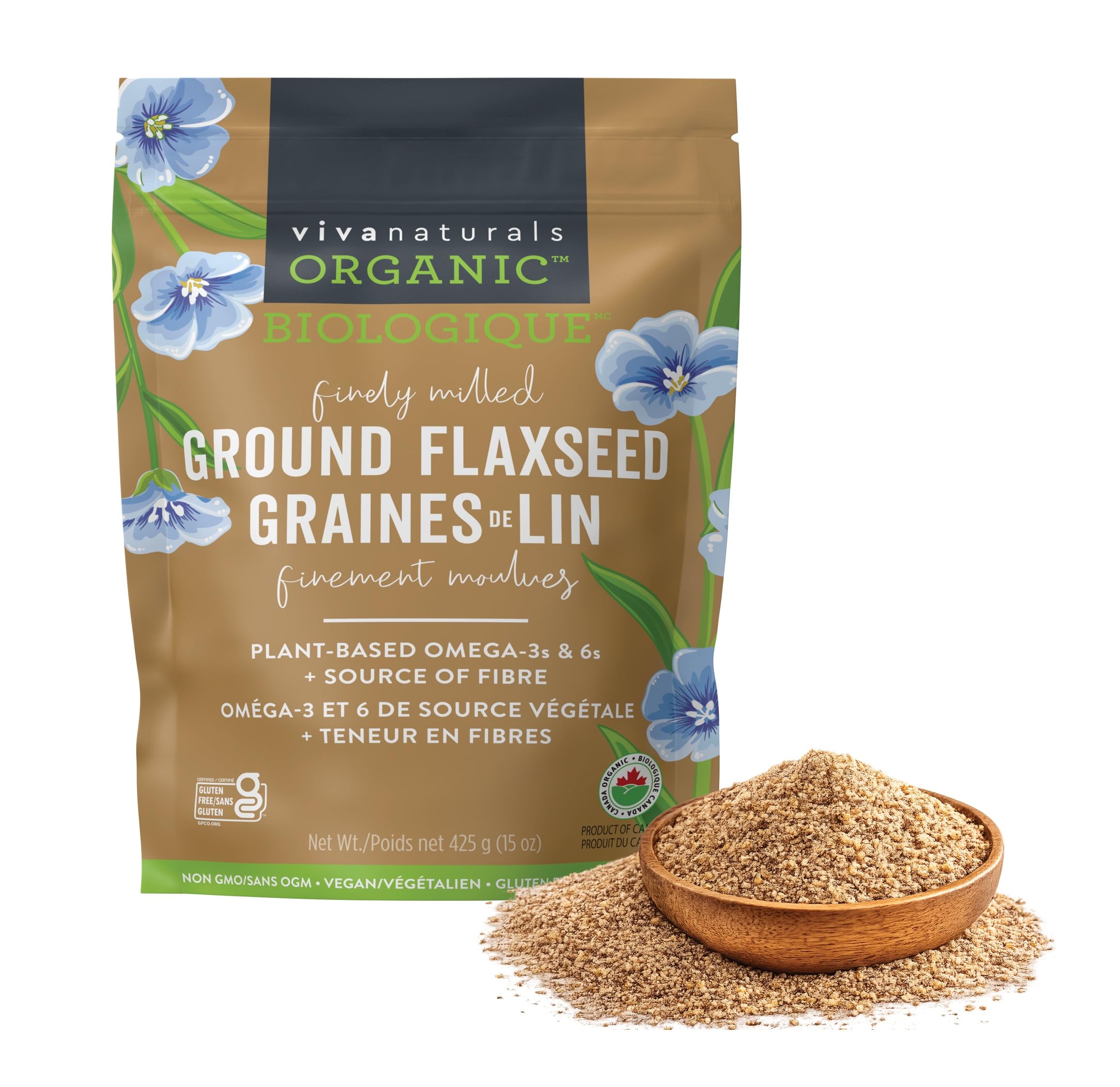 Viva Naturals Canadian-Made Organic Ground Flaxseed - Premium Flax Seeds for Baking, Smoothies - Certified Organic, Non-GMO, Keto & Vegan Friendly Graine De Lin 425 g (15 oz) 🍁 All In One Marketplace Canada