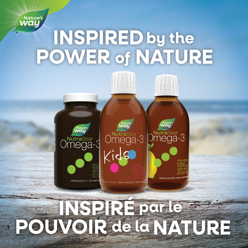 Nature's Way NutraSea Kids Omega 3 + Vitamin D Fish Oil Liquid Supplement for Kids Ages 1 to 14 – Bubblegum Flavour – Brain, Eye & Bone Support – EPA & DHA + GLA + D3, 200 mL 🍁 All In One Marketplace Canada