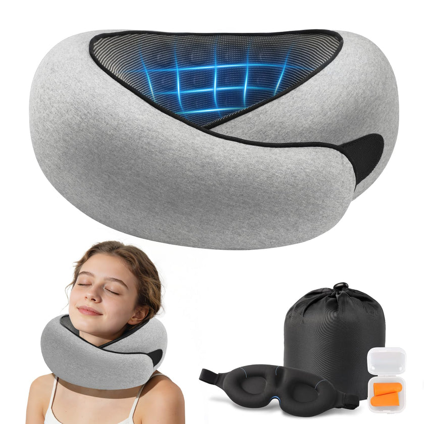 Purroch Neck Pillow Airplane, Travel Pillow with Eye Mask & Earplugs, Memory Foam Pillow with Adjustable Velcro Strap, Pillows for Travel, Plane, Car, Home, Work, Light Grey 🍁 All In One Marketplace Canada