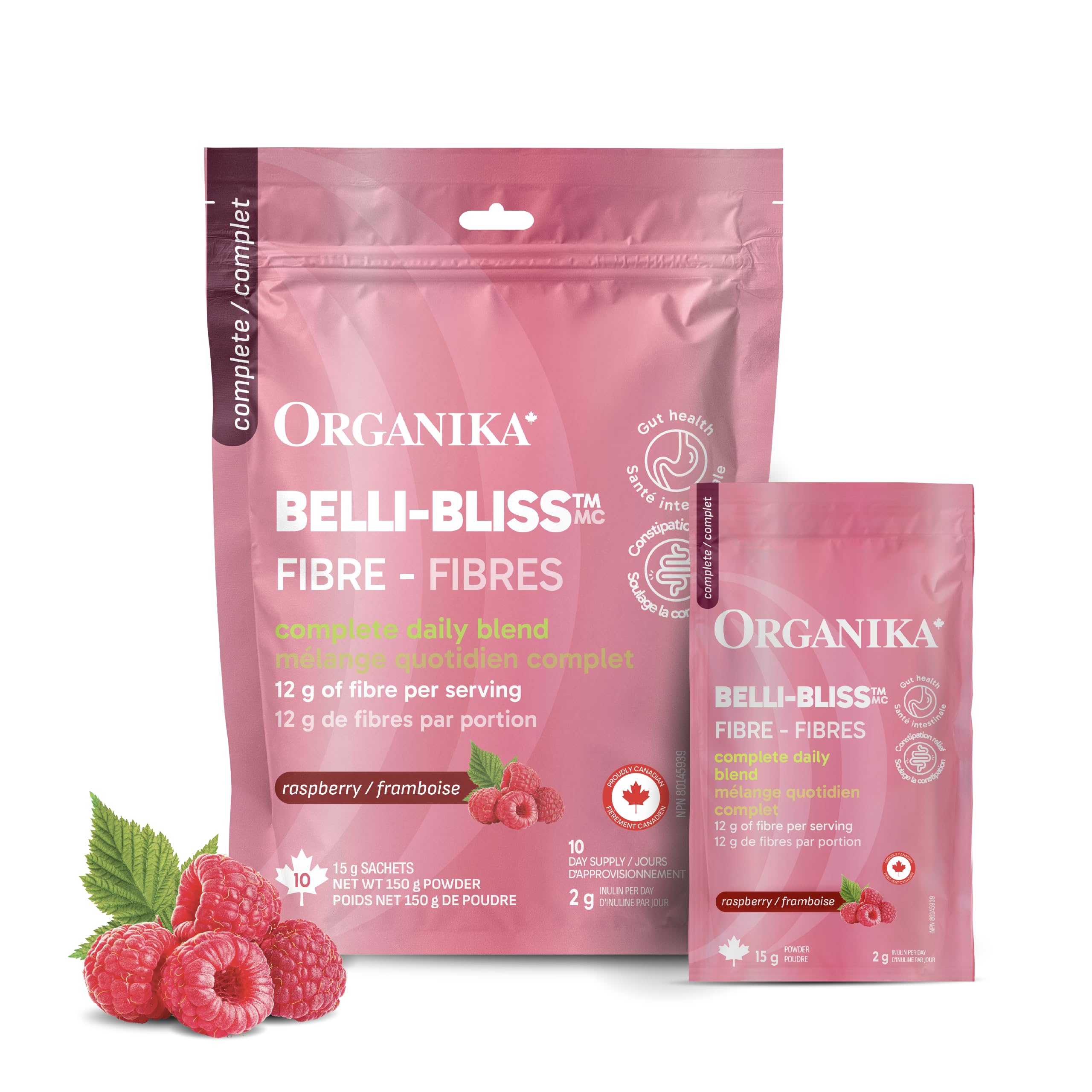 Organika Canadian-Made Belli Bliss Fibre | High Fibre Blend, 4 Diverse Sources of Fibre | Supports Digestive Health, Constipation Relief, Weight Control - Raspberry, 10 x 15g sachets 🍁 All In One Marketplace Canada