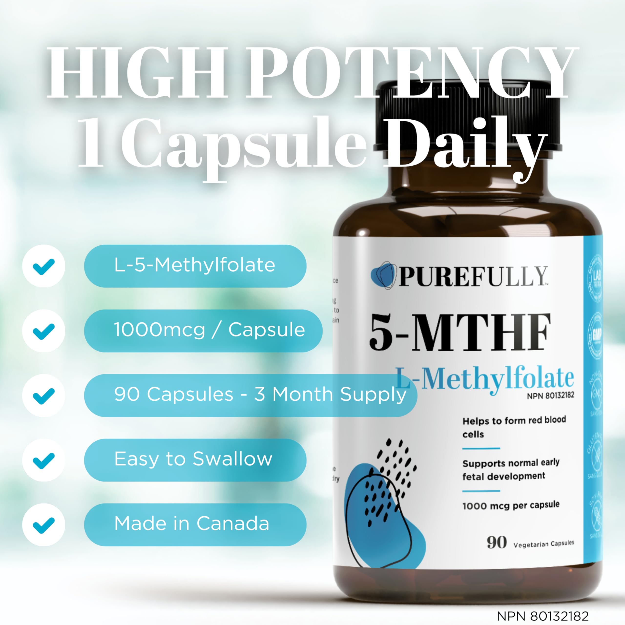 PUREFULLY 5-MTHF 1000mcg, 90 Capsules - L Methylfolate (Active Form of Vitamin B9 Folate) Supplement - Supports Cardiovascular Health and Early Fetal Development 🍁 All In One Marketplace Canada
