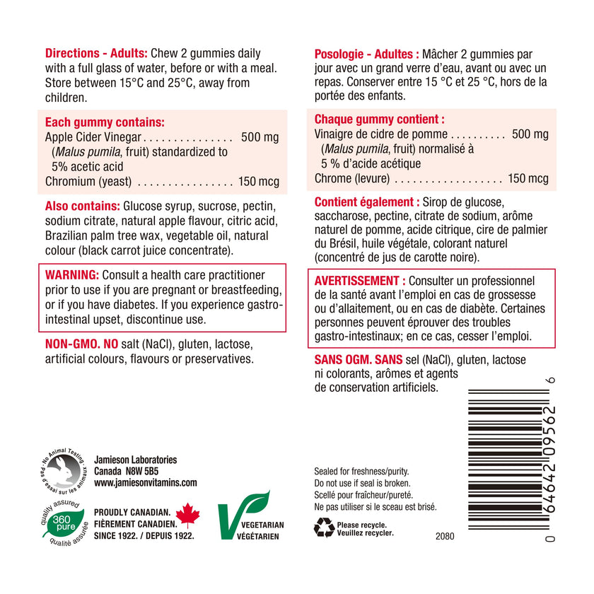 Jamieson Apple Cider Vinegar Gummy with Chromium, 60 Red Apple Flavoured Gummies. Helps Maintain Normal Blood Glucose Levels and Supports Metabolism. Vegetarian, No Artificial Colours or Flavours 🍁 All In One Marketplace Canada