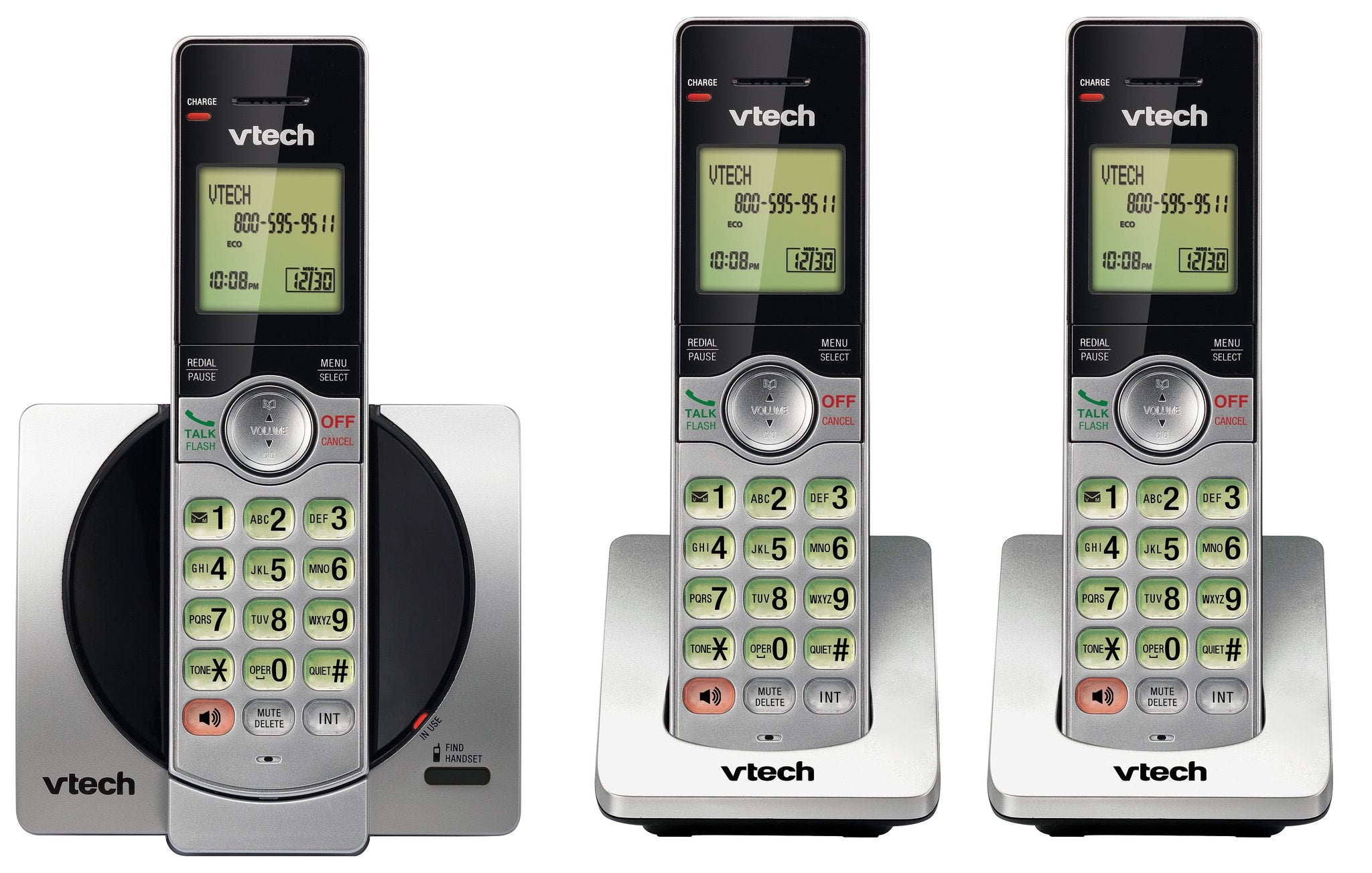 VTech DECT 6.0 Three Handset Cordless Phone with CID, Backlit Keypads and Screens, Full Duplex Handset Speakerphones, Call Block, (Not Answering Machine Version) Silver/Black 🍁 All In One Marketplace Canada