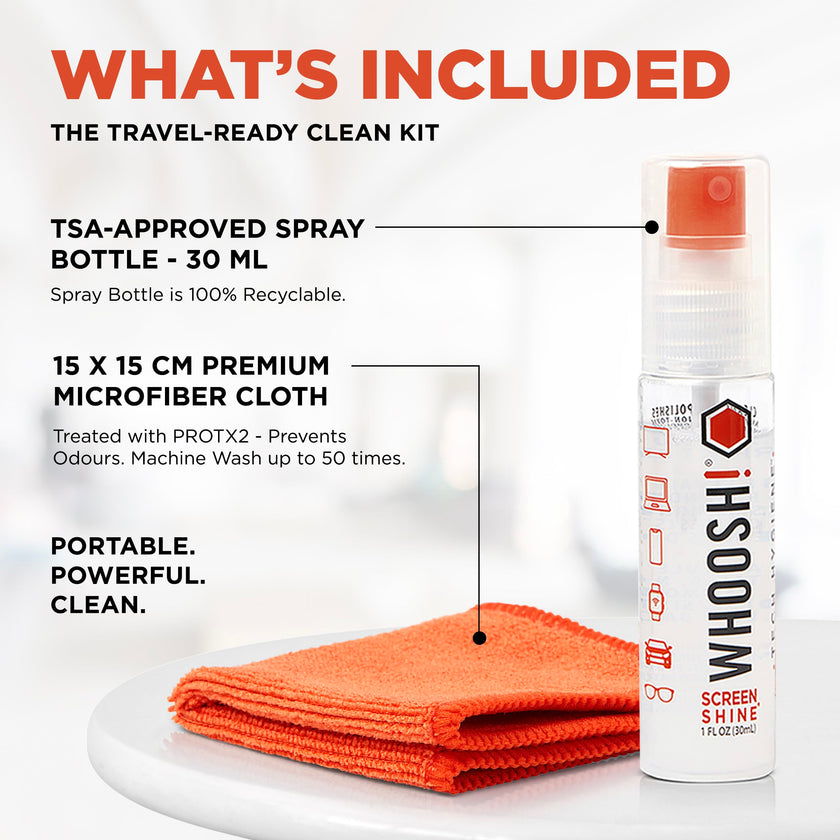 WHOOSH! Screen Shine Go 30 ml – Refillable Laptop Cleaner, Safe Streak-Free Glasses Cleaning Spray for TV, OLED, MacBook, Monitor or Car, Includes 15x15 cm PROTX2 Microfiber Cloth 🍁 All In One Marketplace Canada
