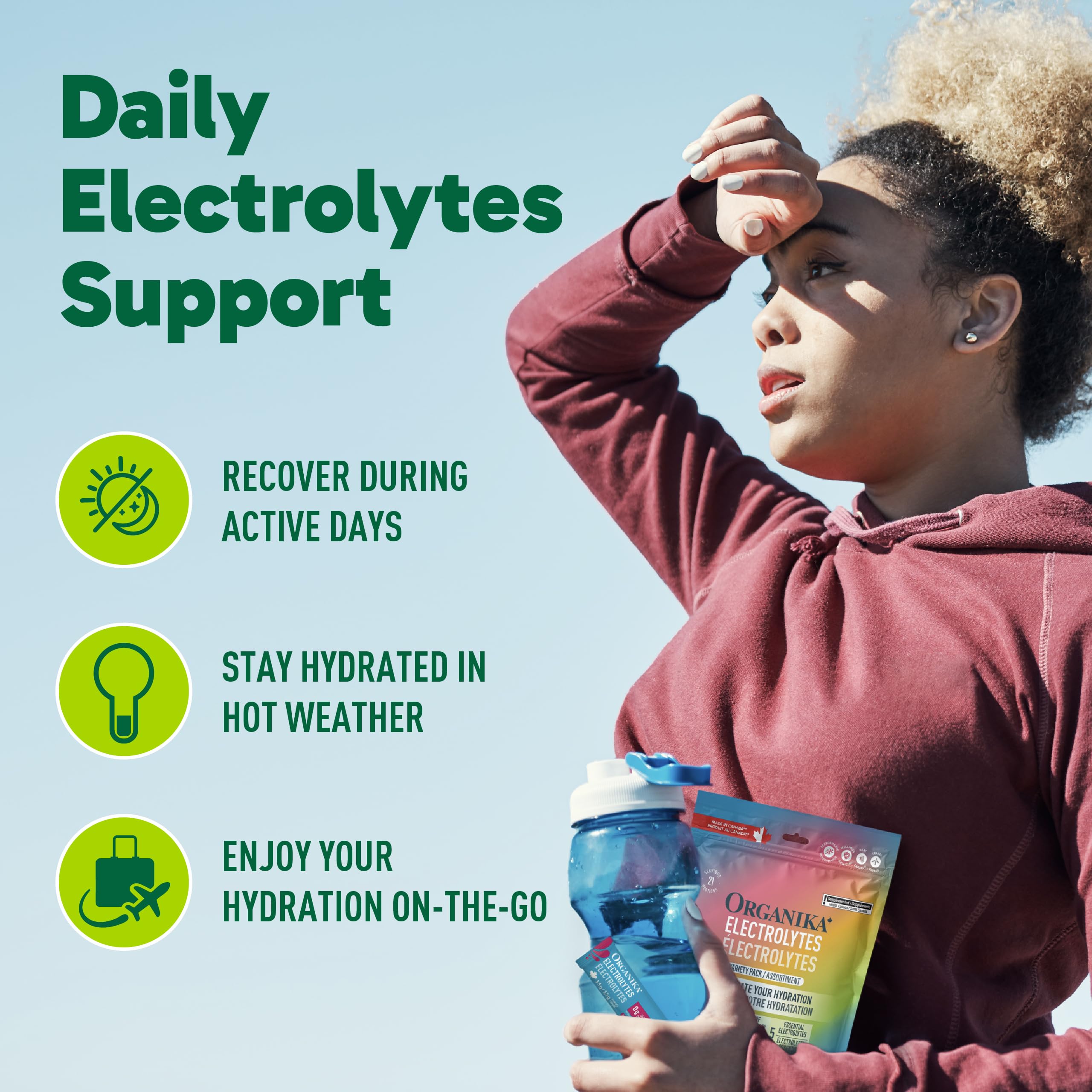 Organika Canadian-Made Electrolytes Powder with Vitamin C & Prebiotic Fibre - Sugar-Free Hydration Drink Mix Variety Pack - Lemonade, Raspberry & Pineapple Passionfruit - 21 Single-Serve Sachets x 3.5g 🍁 All In One Marketplace Canada