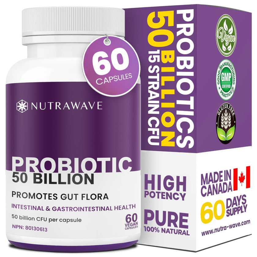 Nutrawave 50 BILLION Probiotics Women & Men, 15 Strains Active Culture. Relieves Bloating and Constipation, Improved Digestion and Gut Health Supplement, Non-GMO, Vegan, Gluten Free. 60 Vegan Capsules/ 60 Day Supply 🍁 All In One Marketplace Canada