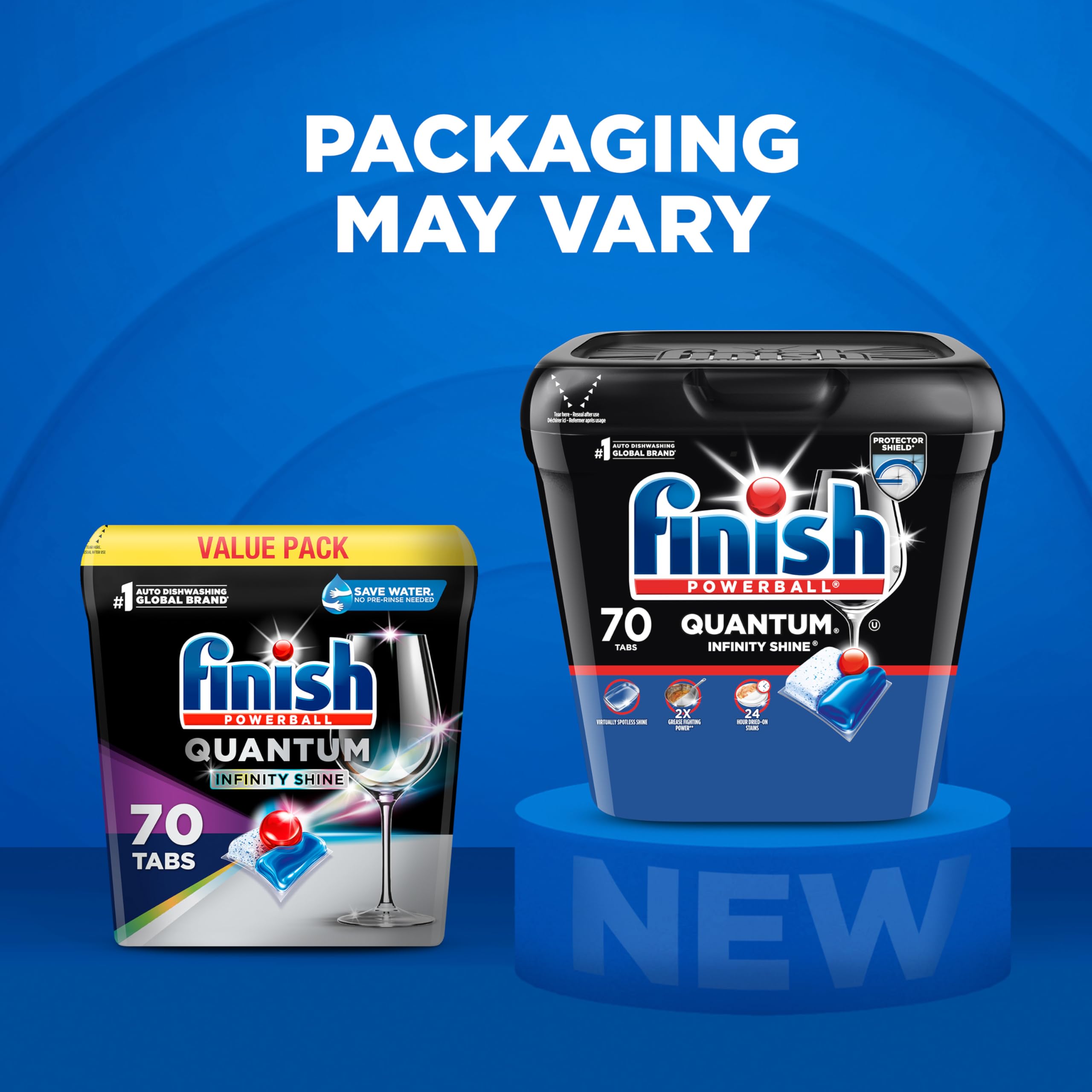 Finish® Quantum® Infinity Shine® Dishwasher Detergent Pods, 3 Chamber Formula with PowerBall, 2X Grease Fighting*, 24H Dried-On Stains, Shine Protection, No Pre-Rinse, 70 Tabs 🍁 All In One Marketplace Canada