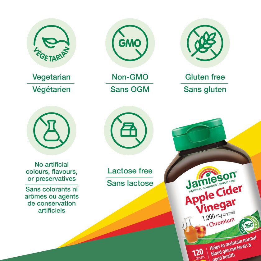 Jamieson Apple Cider Vinegar with Chromium Caplets, Helps Maintain Normal Blood Glucose Levels and Supports Metabolism. One Per Day, Vegetarian, Non-GMO, Gluten-Free, 120 Count 🍁 All In One Marketplace Canada