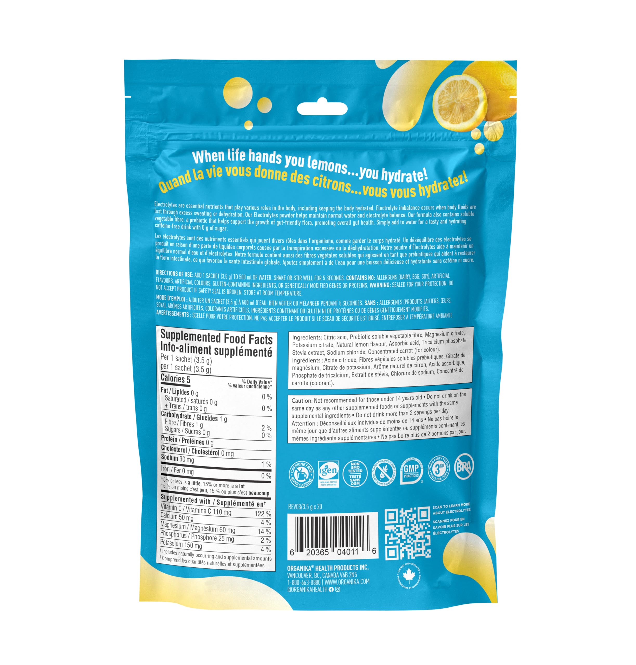 Organika Canadian-Made Electrolytes Powder with Vitamin C & Prebiotic Fibre - Sugar-Free Hydration Drink Mix - Classic Lemonade - 20 Single-Serve Sachets x 3.5g 🍁 All In One Marketplace Canada