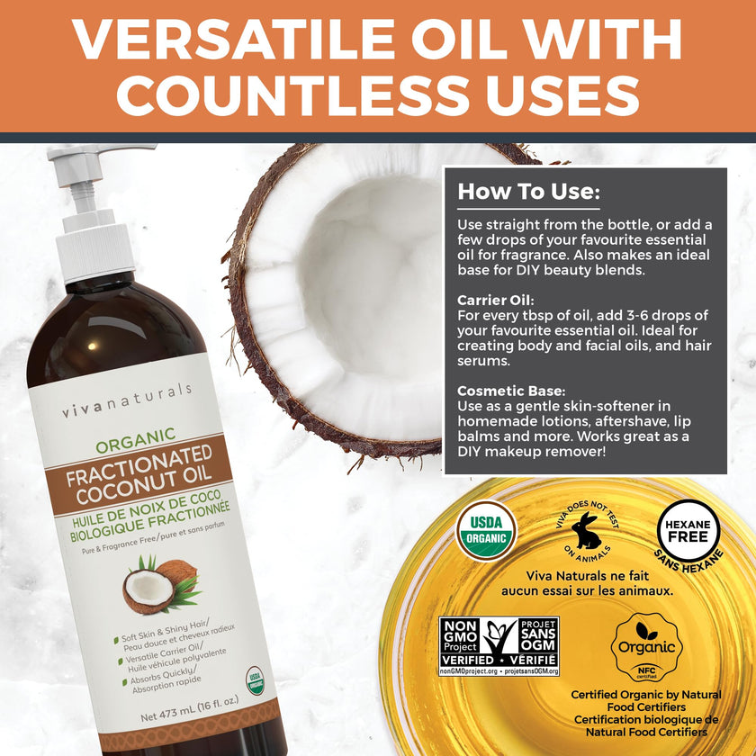 Viva Naturals Organic Fractionated Coconut Oil – Pure Massage Oils for Massage Therapy, Coconut Oil for Skin & Hair, Lightweight Carrier Oil for Essential Oils, 16 fl oz 🍁 All In One Marketplace Canada