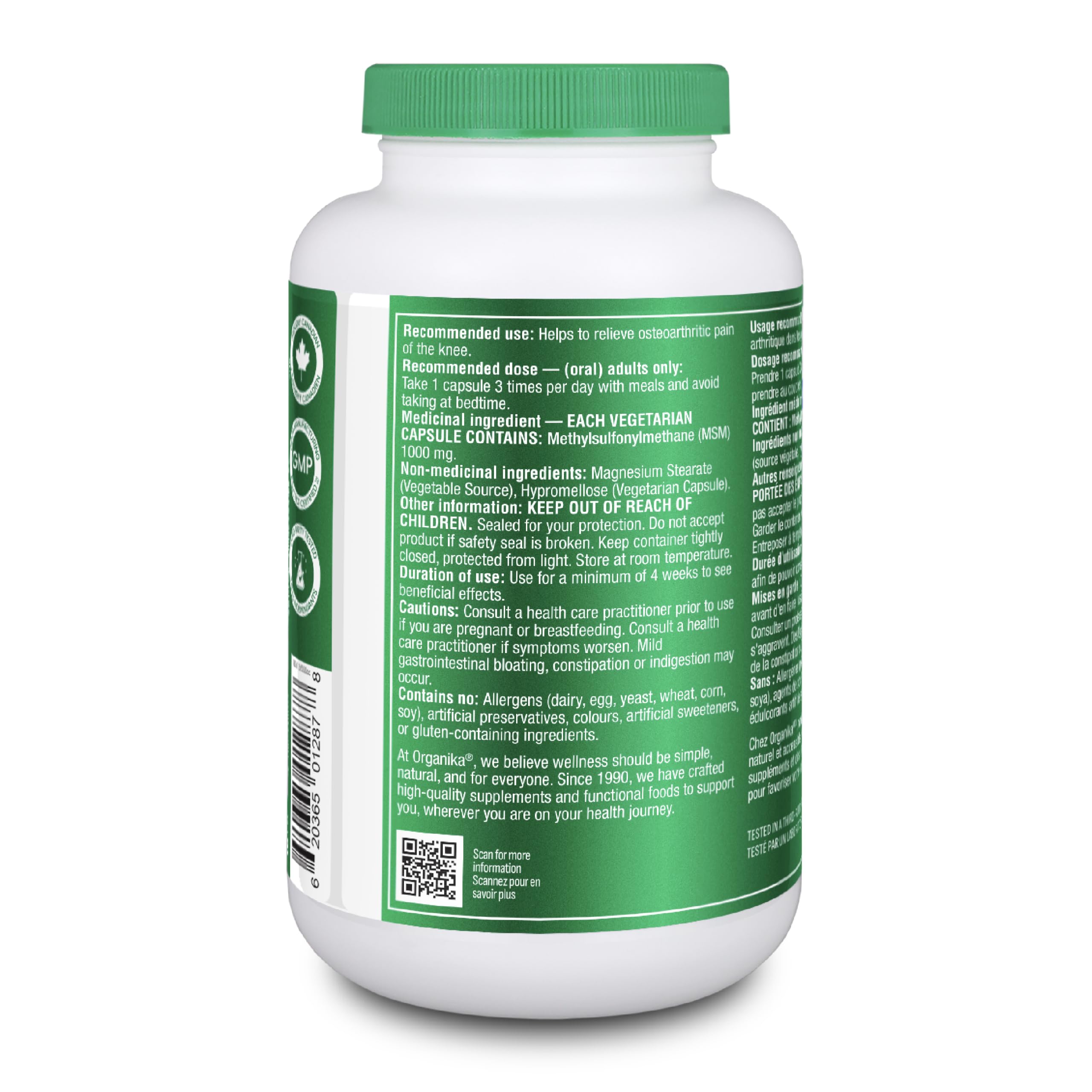Organika MSM - Joint Support and Inflammation Relief Supplement | Supports Healthier Joints, Bones and Cartilage | Stronger Hair, Skin and Nails | Potent Antioxidant | 1,000mg of MSM - 180 vcaps 🍁 All In One Marketplace Canada