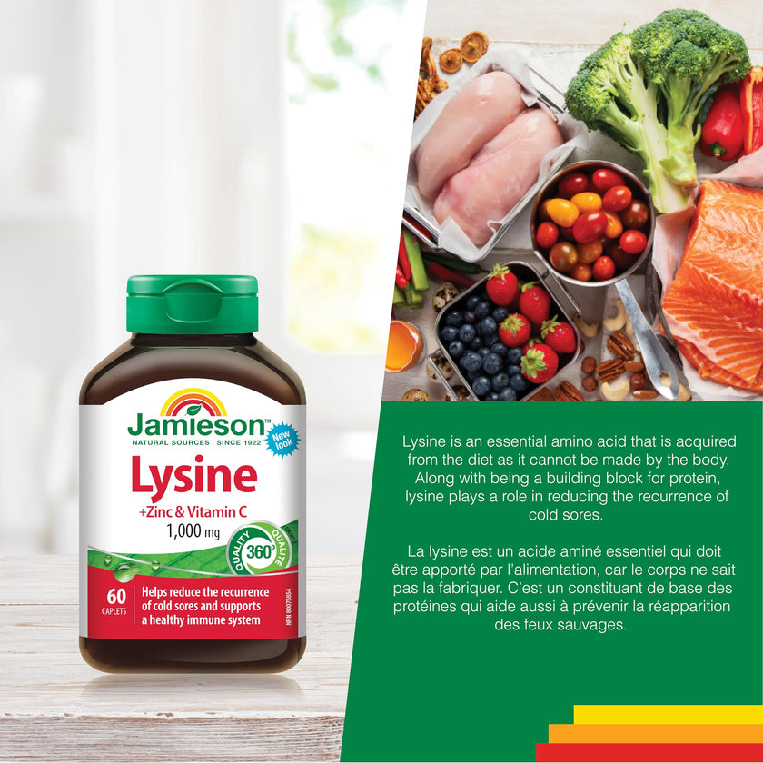 Jamieson Lysine 1,000 mg, with Zinc and Vitamin C, Cold Sore Support, and Helps Immune Health. Essential Amino Acid, Non-GMO, Gluten-Free, 60 Vegetarian Caplets, Proudly Canadian 🍁 All In One Marketplace Canada