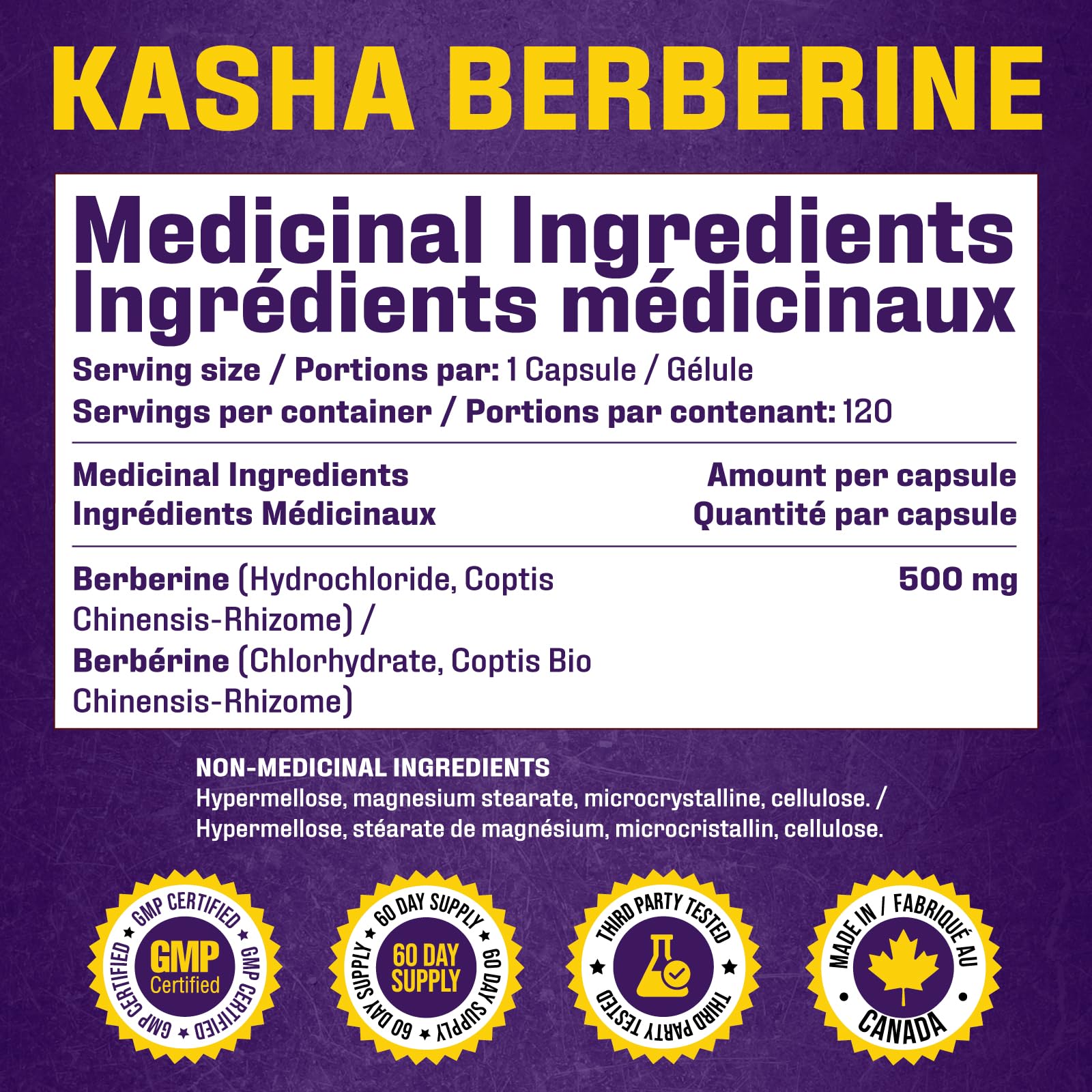 Maximum Strength Berberine Supplement 1000 mg Per Serving (500mg Per Capsule). Supports Healthy Glucose (Blood Sugar) and Lipid (Fats) Metabolism. Non-GMO, Vegan, Gluten-free. Bulk 120 Capsules. Proudly Canadian. Easy to Swallow. Kasha Nutrition