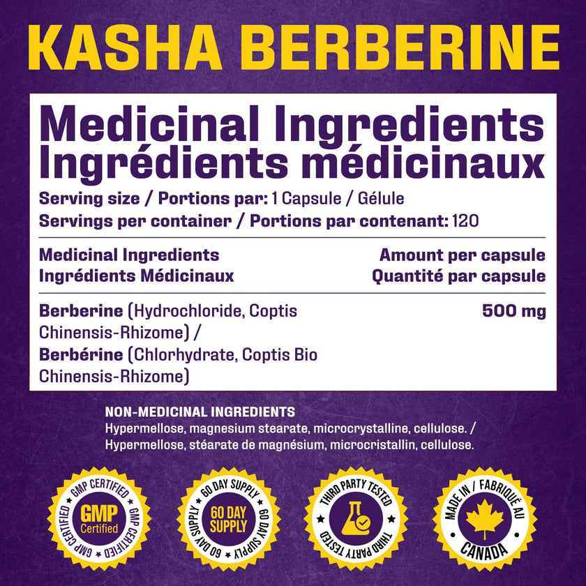Maximum Strength Berberine Supplement 1000 mg Per Serving (500mg Per Capsule). Supports Healthy Glucose (Blood Sugar) and Lipid (Fats) Metabolism. Non-GMO, Vegan, Gluten-free. Bulk 120 Capsules. Proudly Canadian. Easy to Swallow. Kasha Nutrition
