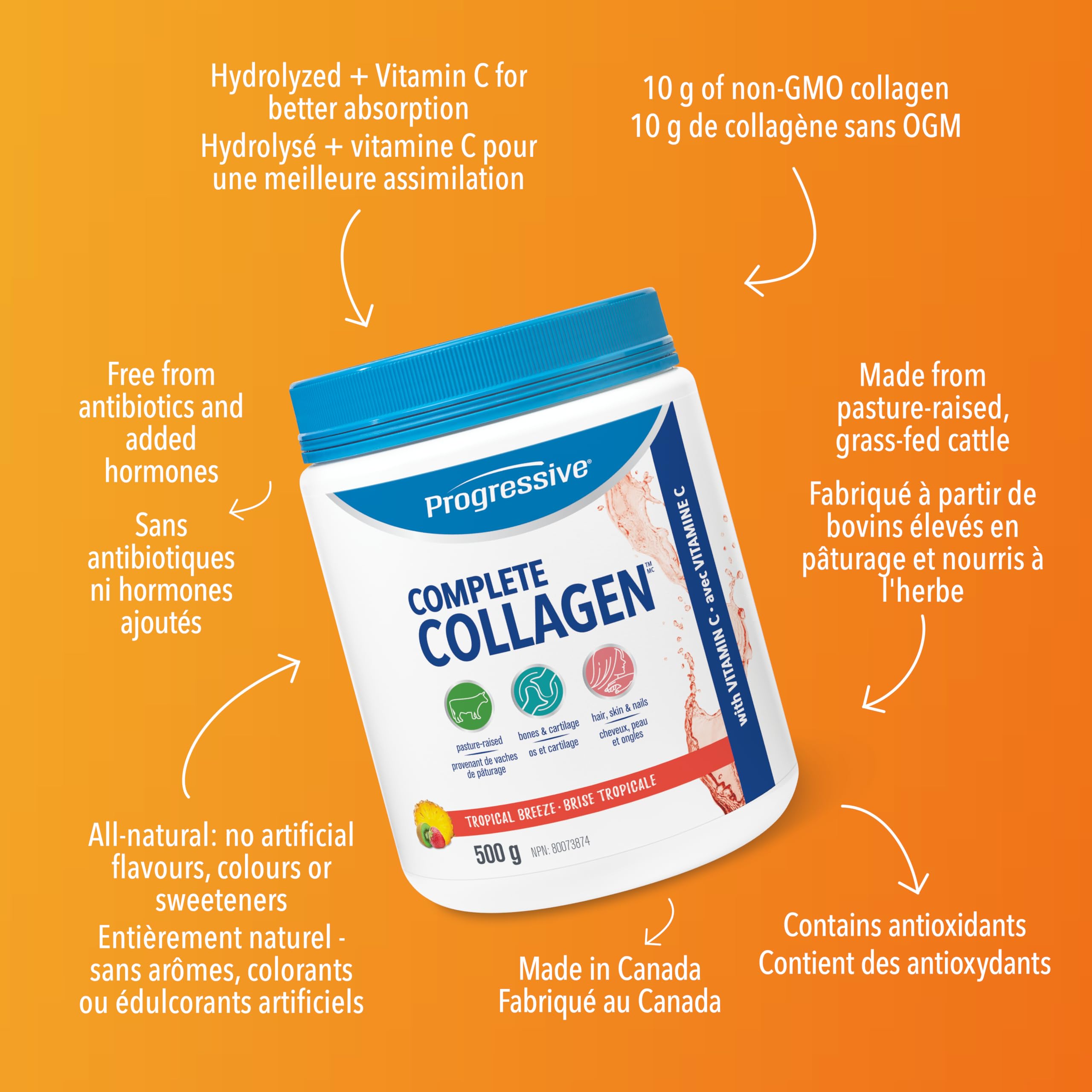 Progressive Complete Collagen Tropical Breeze, Canadian-Made, for Healthier Hair, Skin, Nails and Joints. Grass-Fed Non-GMO with Antioxidants, Hydrolyzed with Vitamin C for Best Absorption, 500 g 🍁 All In One Marketplace Canada