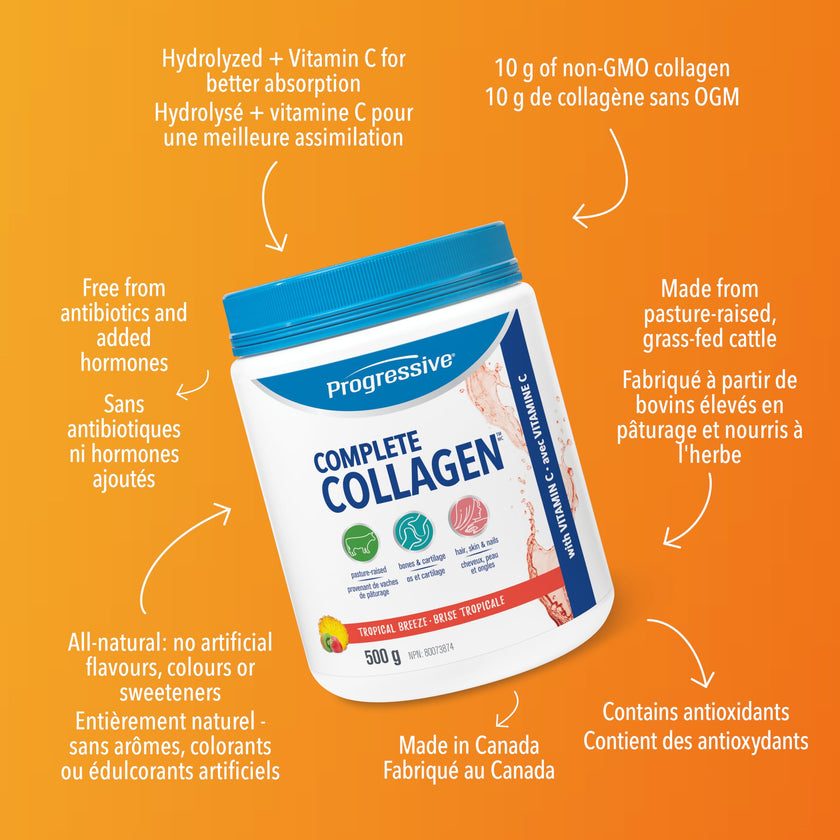 Progressive Complete Collagen Tropical Breeze, Canadian-Made, for Healthier Hair, Skin, Nails and Joints. Grass-Fed Non-GMO with Antioxidants, Hydrolyzed with Vitamin C for Best Absorption, 500 g 🍁 All In One Marketplace Canada