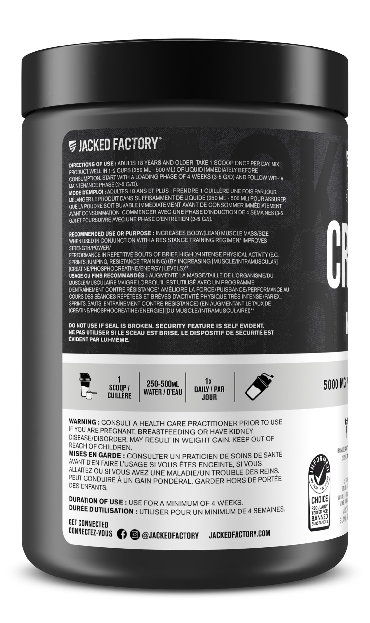 Jacked Factory Creatine Monohydrate Powder - Canadian-Owned Informed Choice Certified Supplement for Increased Muscle Mass*, Improved Strength, Power, & Performance** - 85 Servings, Arctic White 🍁 All In One Marketplace Canada