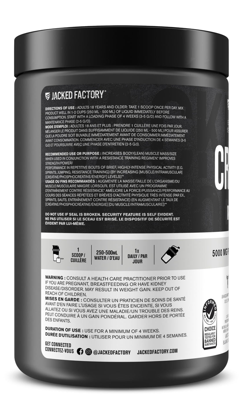 Jacked Factory Creatine Monohydrate Powder - Canadian-Owned Informed Choice Certified Supplement for Increased Muscle Mass*, Improved Strength, Power, & Performance** - 85 Servings, Arctic White 🍁 All In One Marketplace Canada