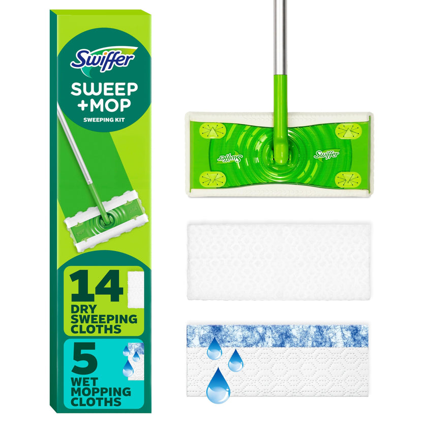 Swiffer Sweep + Mop, Broom & Mop Alternative, Dry & Wet Floor Cleaner for Dirt, Dust, Hair, All Purpose Cleaning Tool for Home, Bathroom, Kitchen, Set Includes 1 Sweeper, 14 Dry Pads, 5 Wet Pads Fresh 🍁 All In One Marketplace Canada