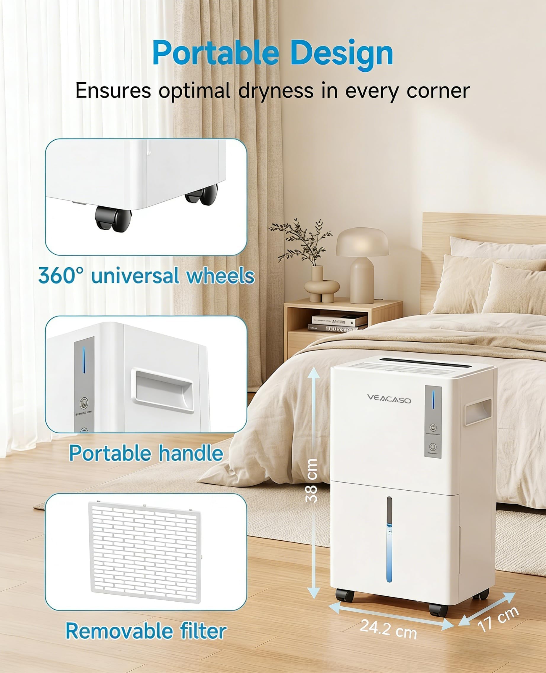 VEAGASO 1500 Sq.Ft Dehumidifier, 21 Pints Dehumidifiers for Basemens with Drain Hose & Humidity Control, Quiet Operation Dehumidifiers for Home, RV, Bathroom, Bedroom - 3 Modes & 24H Timer 🍁 All In One Marketplace Canada