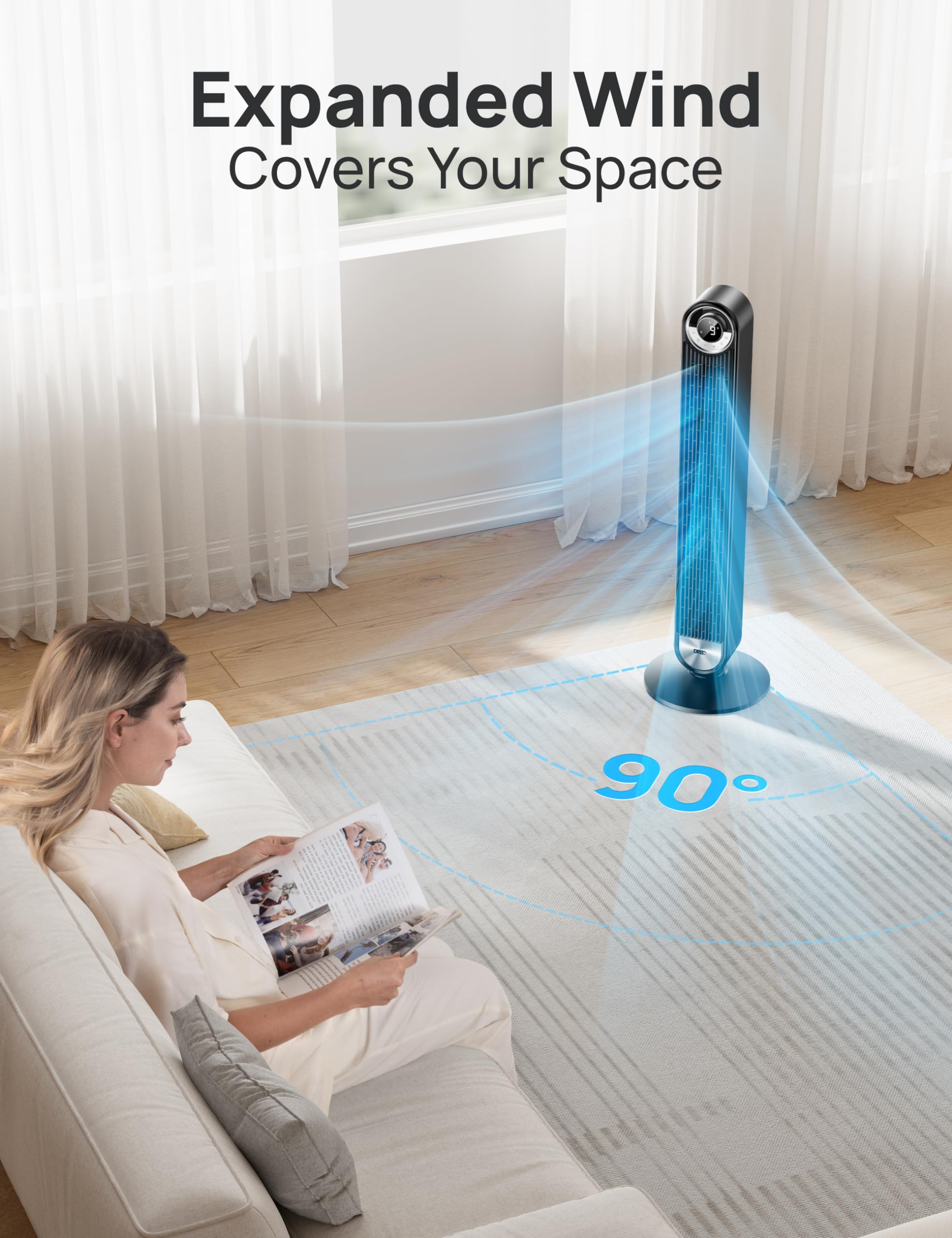 DREO Smart Tower Fan for Bedroom, Upgraded DC 9 Speeds 20dB Ultra-Quiet Floor Fan, 90° Oscillating Fans with 28ft/s Velocity, 12H Timer, Standing Fan, Bladeless Fan Powerful for Home Office Room 🍁 All In One Marketplace Canada