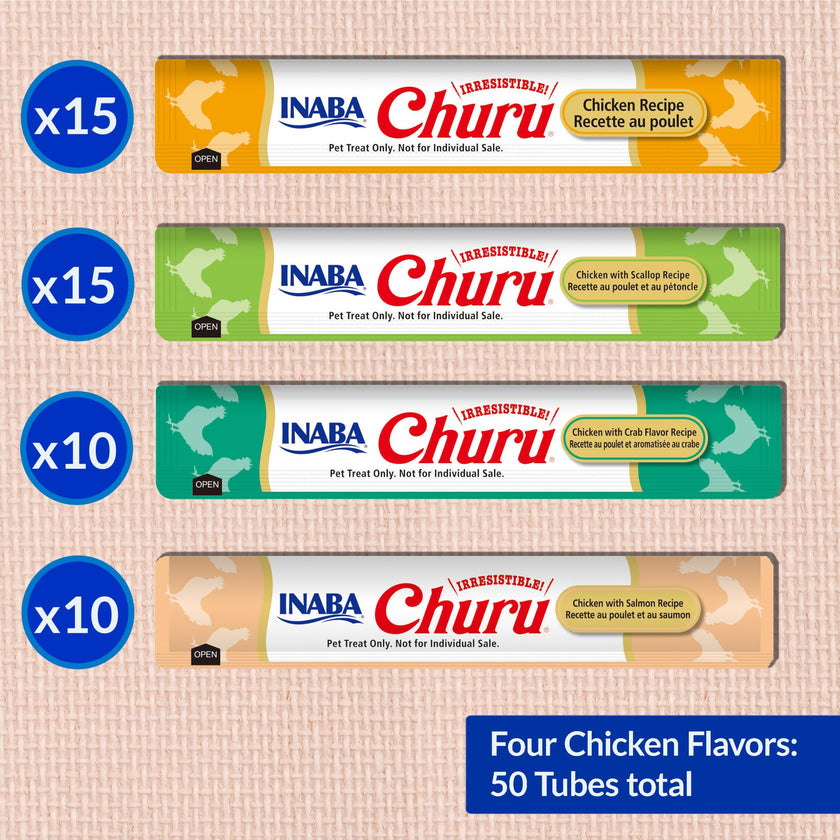 INABA Churu Cat Treats, Lickable, Squeezable Creamy Purée Cat Treat with Green Tea Extract & Taurine, 14 Grams Each Tube, 50 Tubes, Chicken & Seafood Variety 🍁 All In One Marketplace Canada