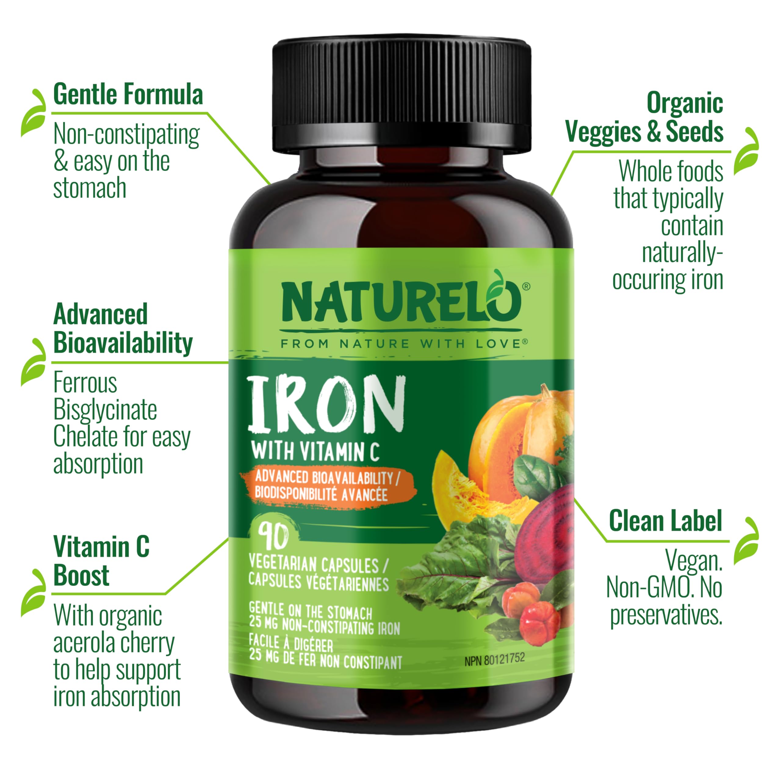 NATURELO Vegan Iron Supplement with Vitamin C and Organic Whole Foods, 90 Capsules, Gentle Iron Capsules for Women & Men with this Mineral Deficiency - Including Pregnancy, Anemia and Vegan Diets 🍁 All In One Marketplace Canada