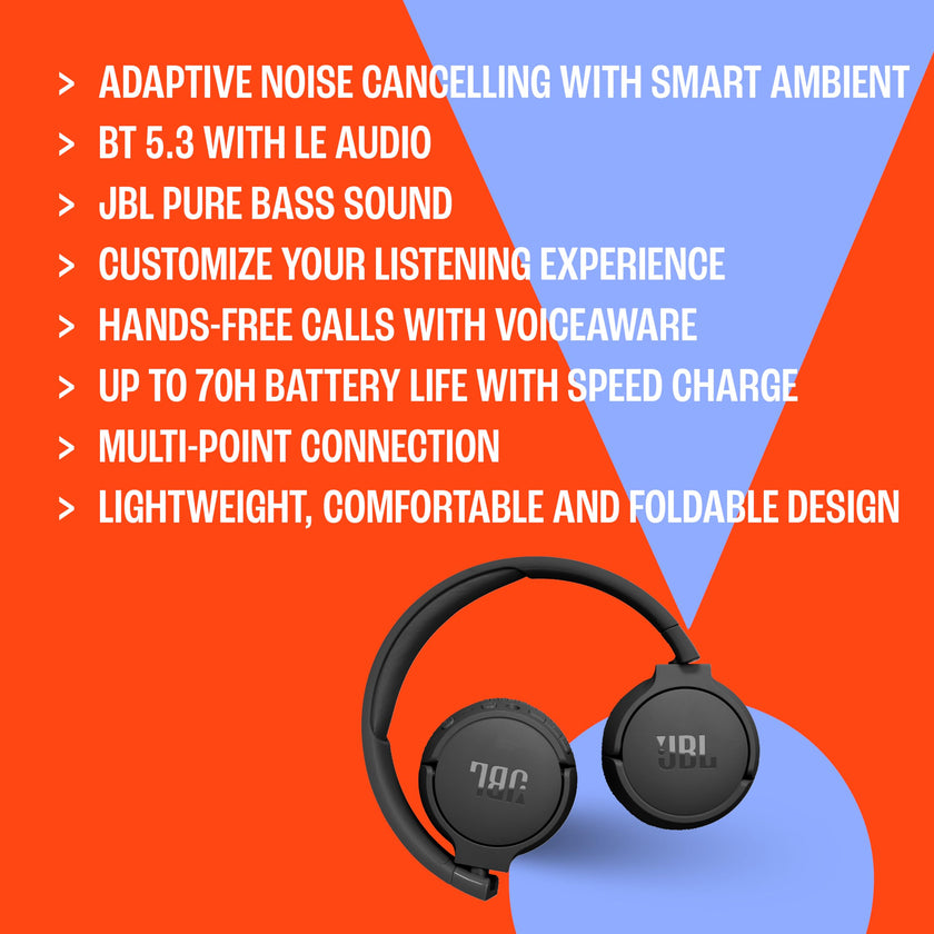 JBL Tune 670NC - Adaptive Noise Cancelling with Smart Ambient Wireless On-Ear Headphones, Up to 70H Battery Life with Speed Charge, Lightweight, Comfortable and Foldable Design (Black) 🍁 All In One Marketplace Canada