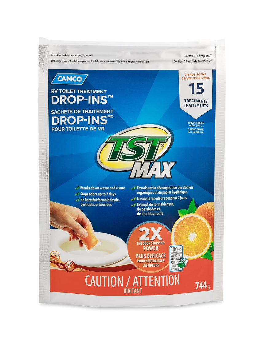 Camco TST MAX Camper/RV Toilet Treatment Drop-INs - Control Unwanted Odors and Break Down Waste and Tissue - Safe Septic Tank Treatment - Orange Scent, 15-Pack (41180) 🍁 All In One Marketplace Canada