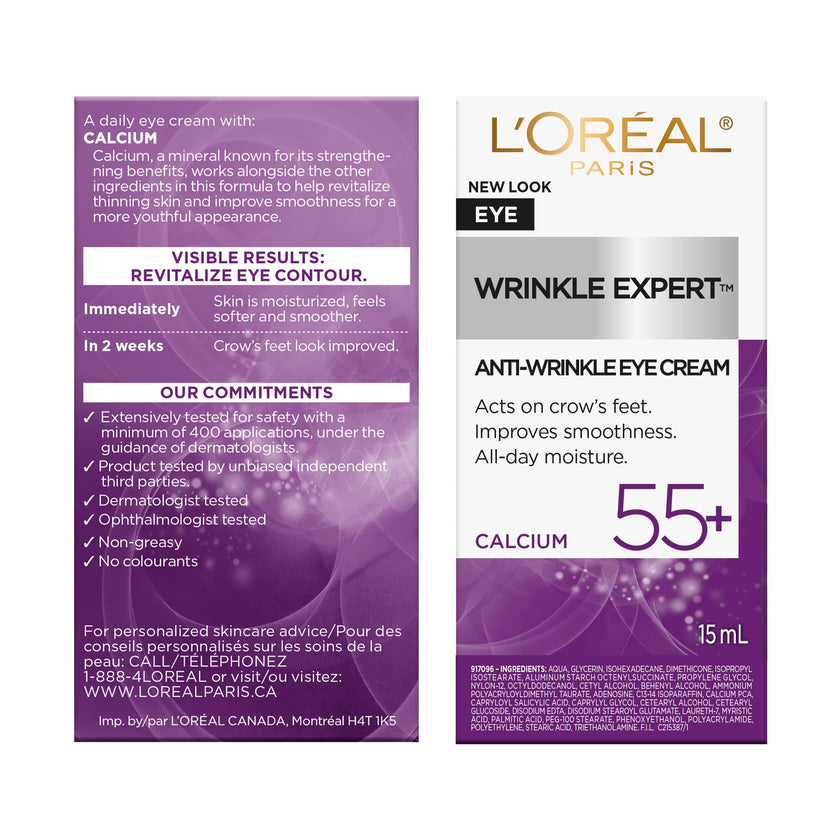 L’Oréal Paris Anti-Aging Under Eye Cream 55+, Day & Night Skincare, Wrinkle Expert, With Calcium to Reduce the Look of Crows Feet, Dark Circles & Puffy Eyes, 15mL 🍁 All In One Marketplace Canada