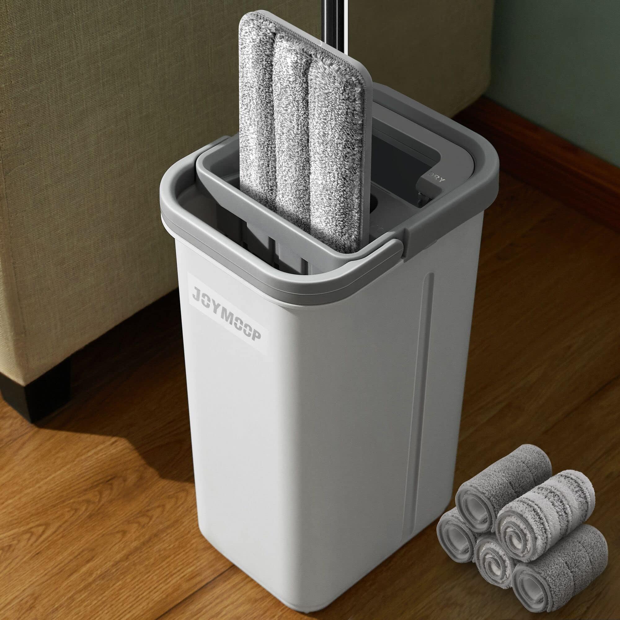 JOYMOOP Mop and Bucket with Wringer Set, Hands Free Flat Floor Mop and Bucket, with 5 Washable Microfiber Pads, Wet and Dry Use, Floor Cleaning System 🍁 All In One Marketplace Canada