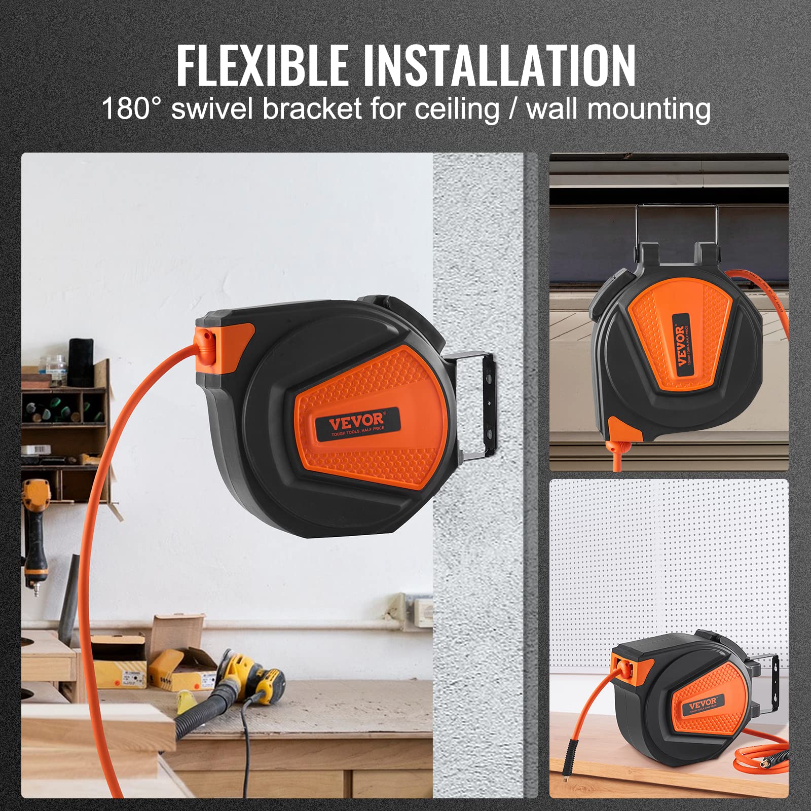 VEVOR Retractable Air Hose Reel, 3/8 in x 50 FT Hybrid Air Hose Max 300PSI, Air Compressor Hose Reel with 5 ft Lead in, Ceiling/Wall Mount Enclosed Air Reel, 180° Swivel Mount 🍁 All In One Marketplace Canada