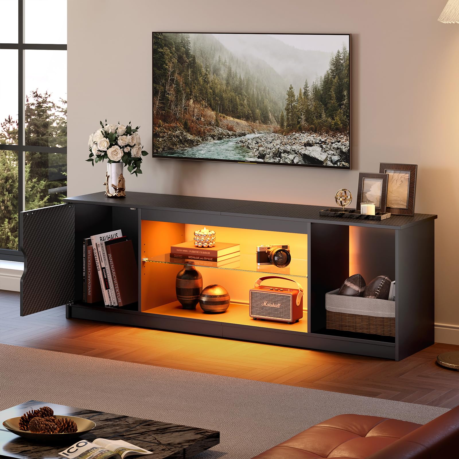 Bestier 57 inch TV Stand for 65 Inch TV, Black Entertainment Center 🍁 All In One Marketplace Canada