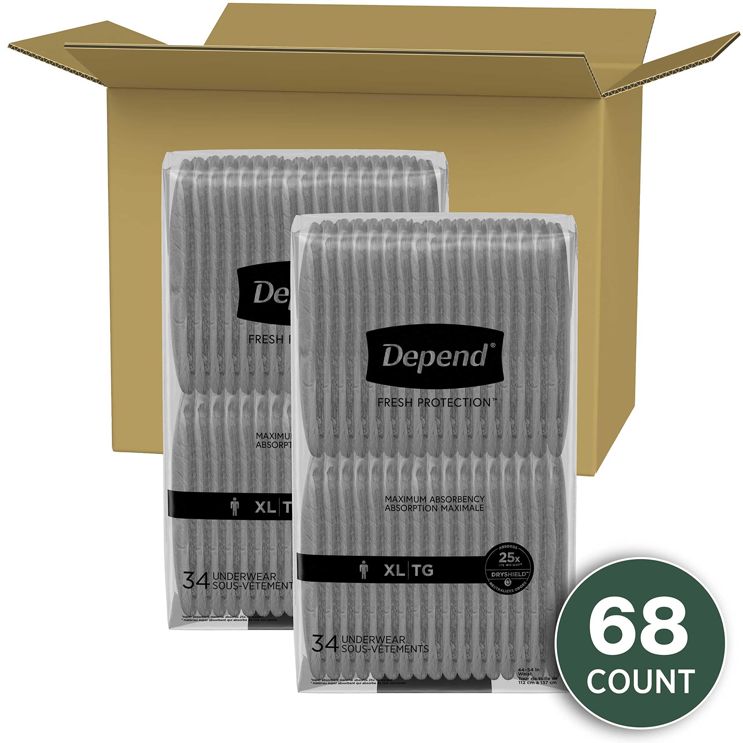 Depend Fresh Protection Adult Incontinence Underwear for Men (Formerly Depend Fit-Flex), Disposable, Maximum, Extra-Large, Grey, 68 Count (2 Packs of 34) 🍁 All In One Marketplace Canada