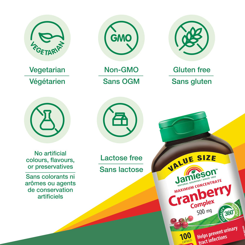 Jamieson Cranberry Complex, with 450 mg Cranberry Extract and 50 mg D-Mannose, Antioxidant, Max Concentrate, and Protects Against Urinary Tract Infections. Non-GMO, Gluten-Free, 100 Vegetarian Capsules 🍁 All In One Marketplace Canada