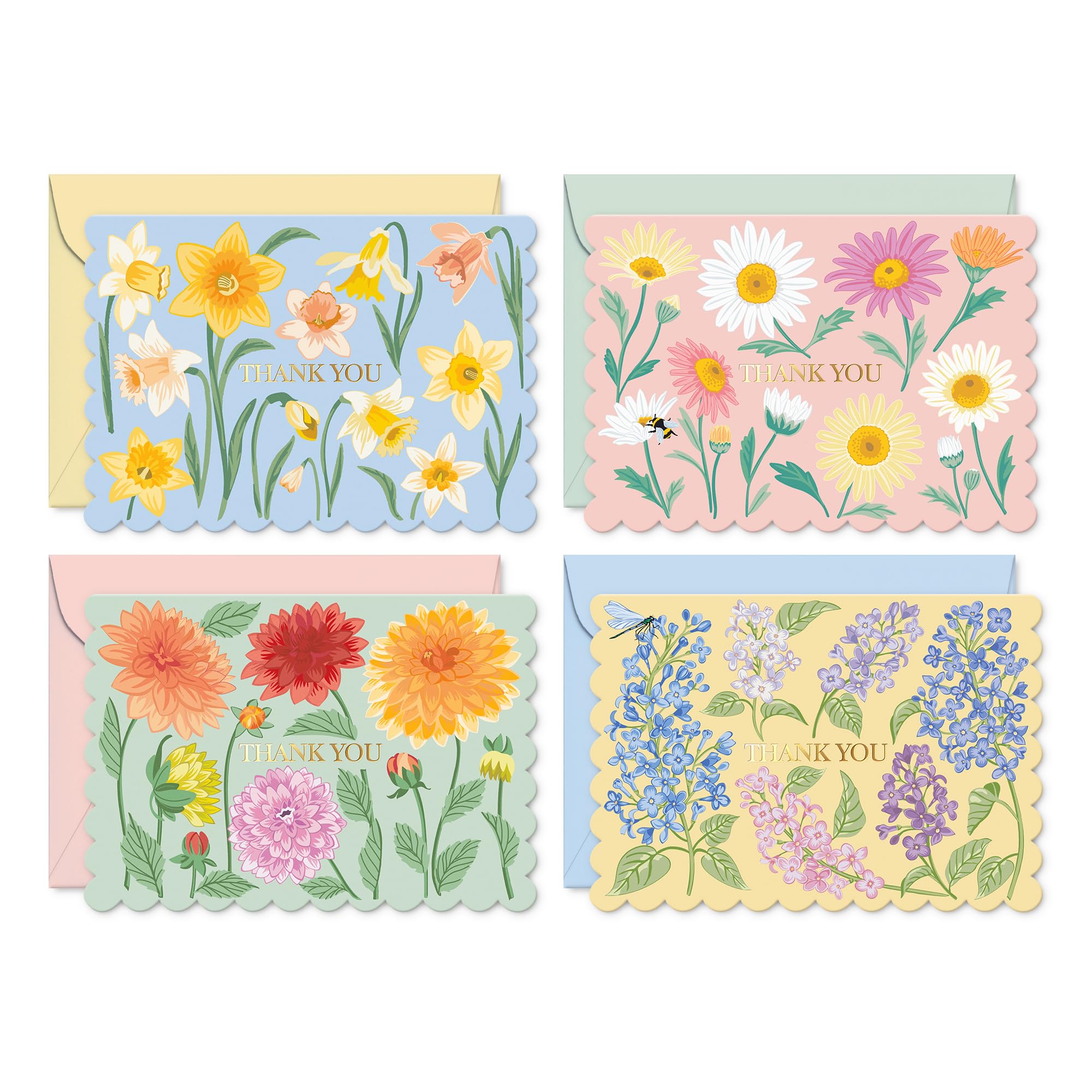S&O Floral Thank You Cards with Envelopes – 36 Blank Cards – 4 Assorted Sunlit Meadows Designs with Gold Foil – 3.5x5