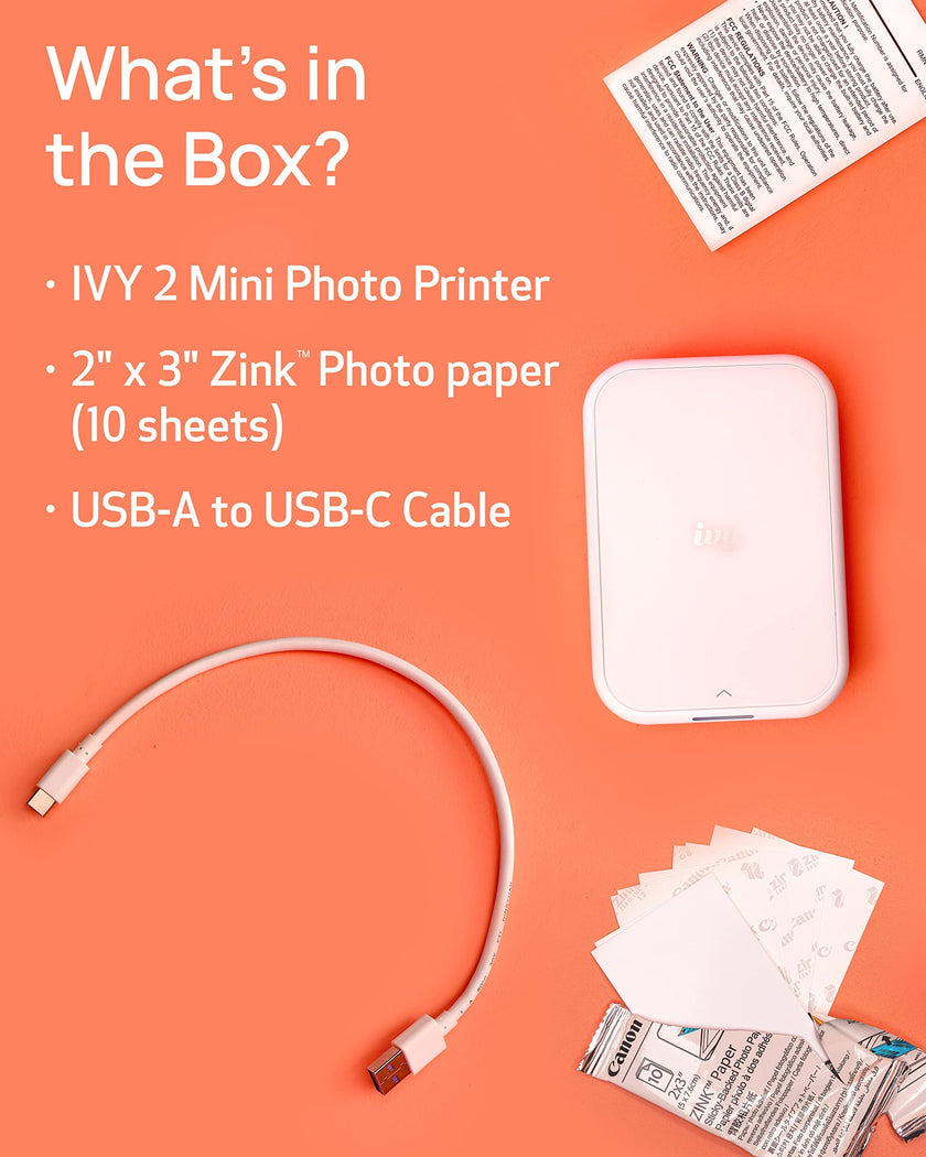 Canon Ivy 2 Mini Photo Printer (Pure White), Bluetooth Portable Smartphone Printer for iOS & Android, Bundle with 110 Zink Sticky-Back Photo Prints, LED Light Bar, Protective Case & USB Cable 🍁 All In One Marketplace Canada