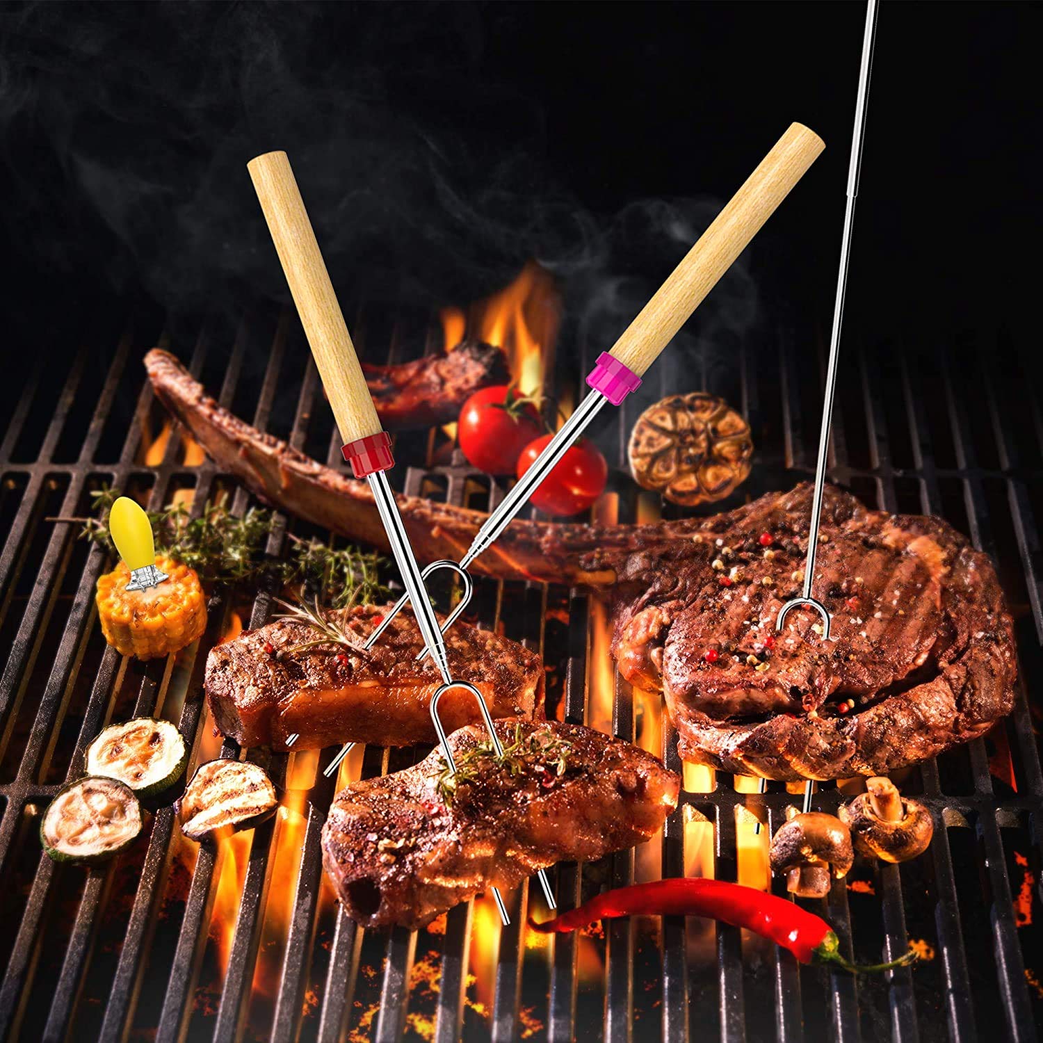 Marshmallow Roasting Sticks, Roasting Sticks with Wooden Handle 32 Inch Extendable BBQ Forks Telescoping Sticks Telescopic Stainless Steel Skewers for Grilling,Campfire (10) 🍁 All In One Marketplace Canada