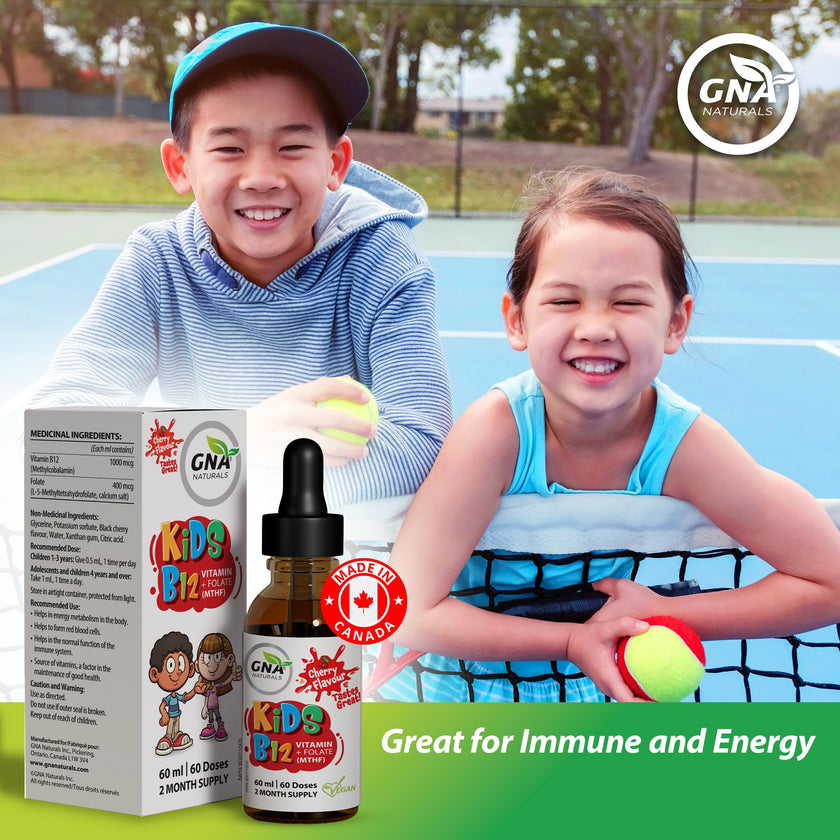 GNA Naturals Kids Vitamin B12 with Folate Supplement, 60ml - VitaminB12 Methylcobalamin 1000 mcg - Liquid Drops for Kids - Cherry Flavour- Methyl B12 Folate Supplement - Vitamin-B12-Complex – Vegan – For energy, metabolism and supports memory– Made in Can