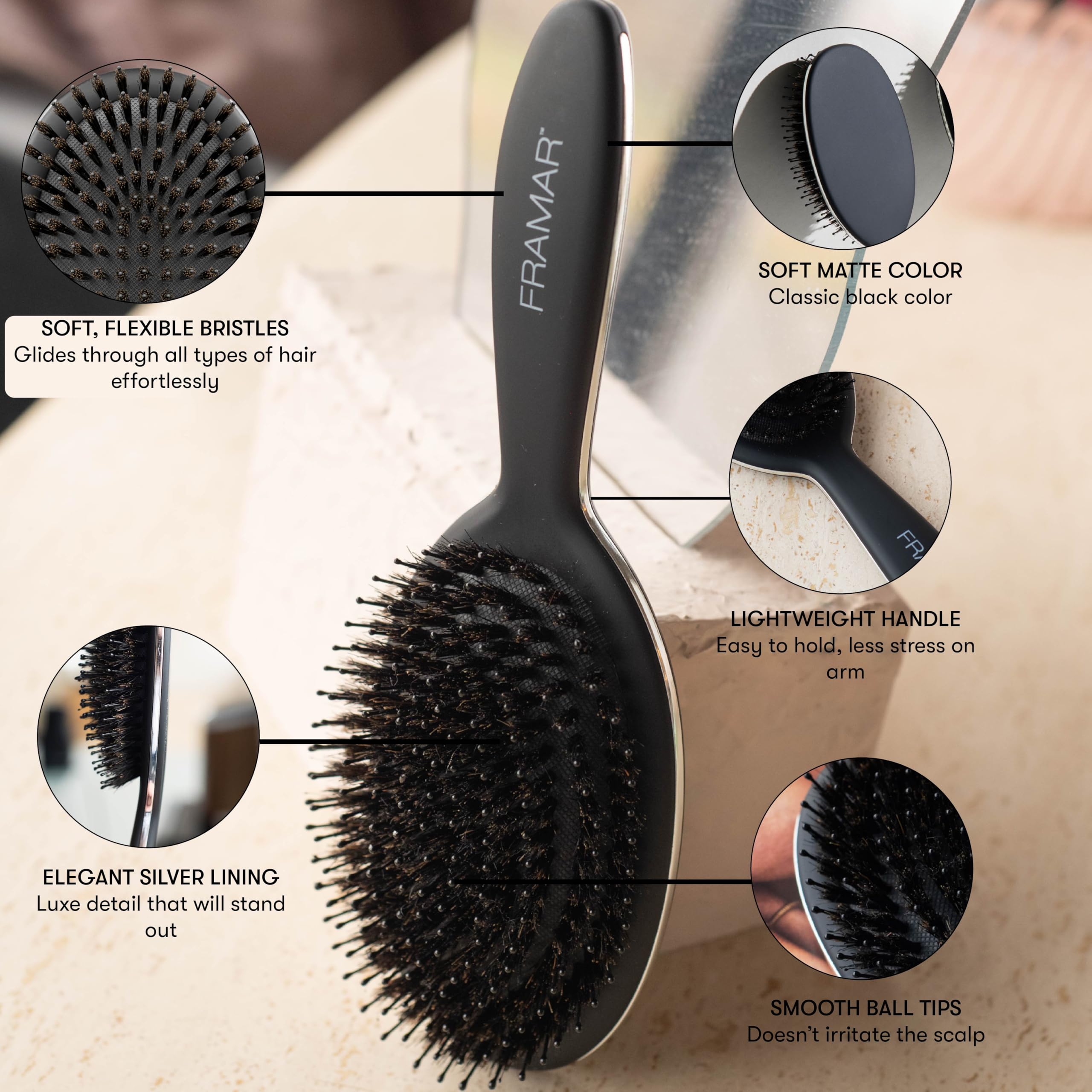 FRAMAR Black Boar Bristle Hair Brush - Natural Bristle Brush For Fine Hair, Boar Brush For Slicking Back Hair, Hair Brush For Women, Slick Back Hair Brush, Brosse a Cheveux, Brosse Poil De Sanglier 🍁 All In One Marketplace Canada
