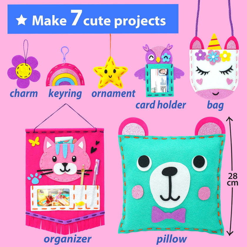 KRAFUN My First Sewing Kit for Kids Age 5+ Beginner Art & Craft, Includes 7 Easy Projects Dolls, Pillows, Bag, Instruction & Plush Felt Materials for Learn to Sew, Embroidery Skills 🍁 All In One Marketplace Canada